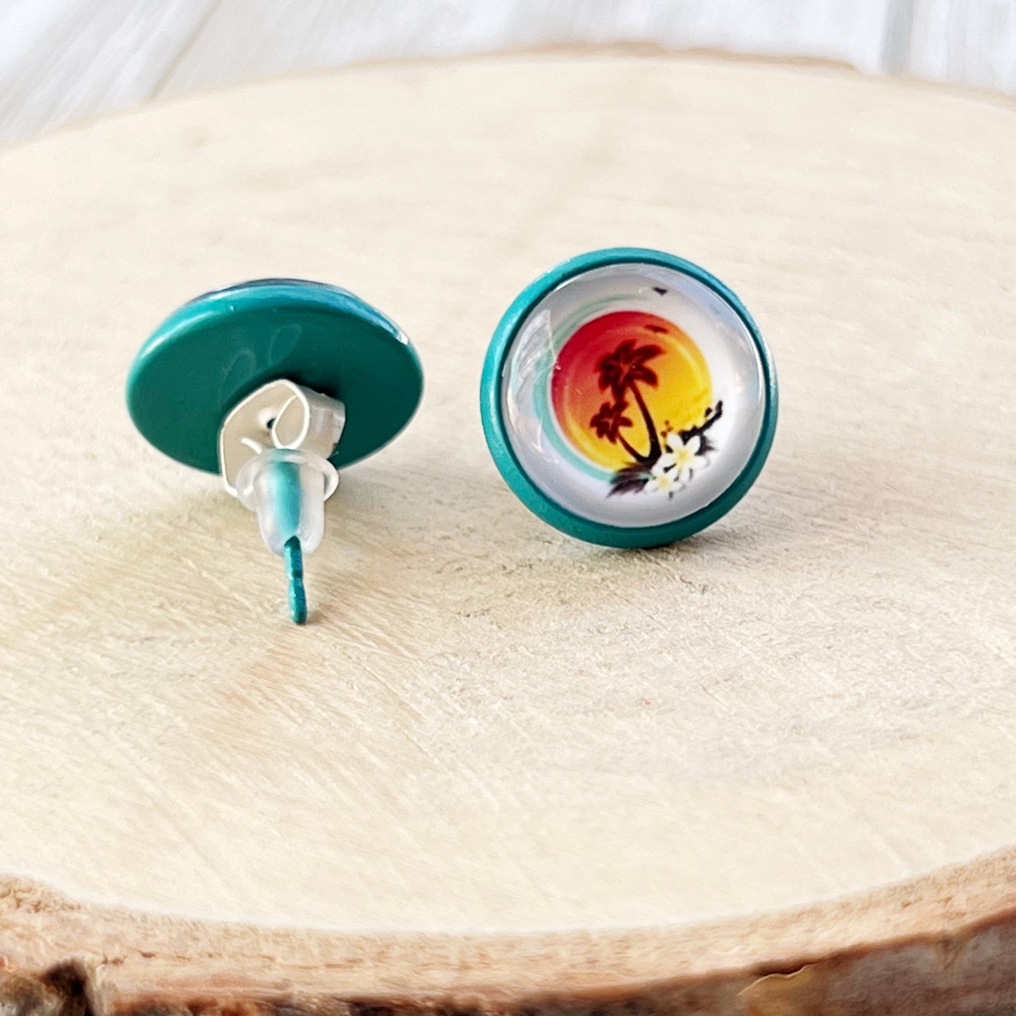 Sunset & Palm Tree Blue Stud Earrings - Tropical & Serene Accessories