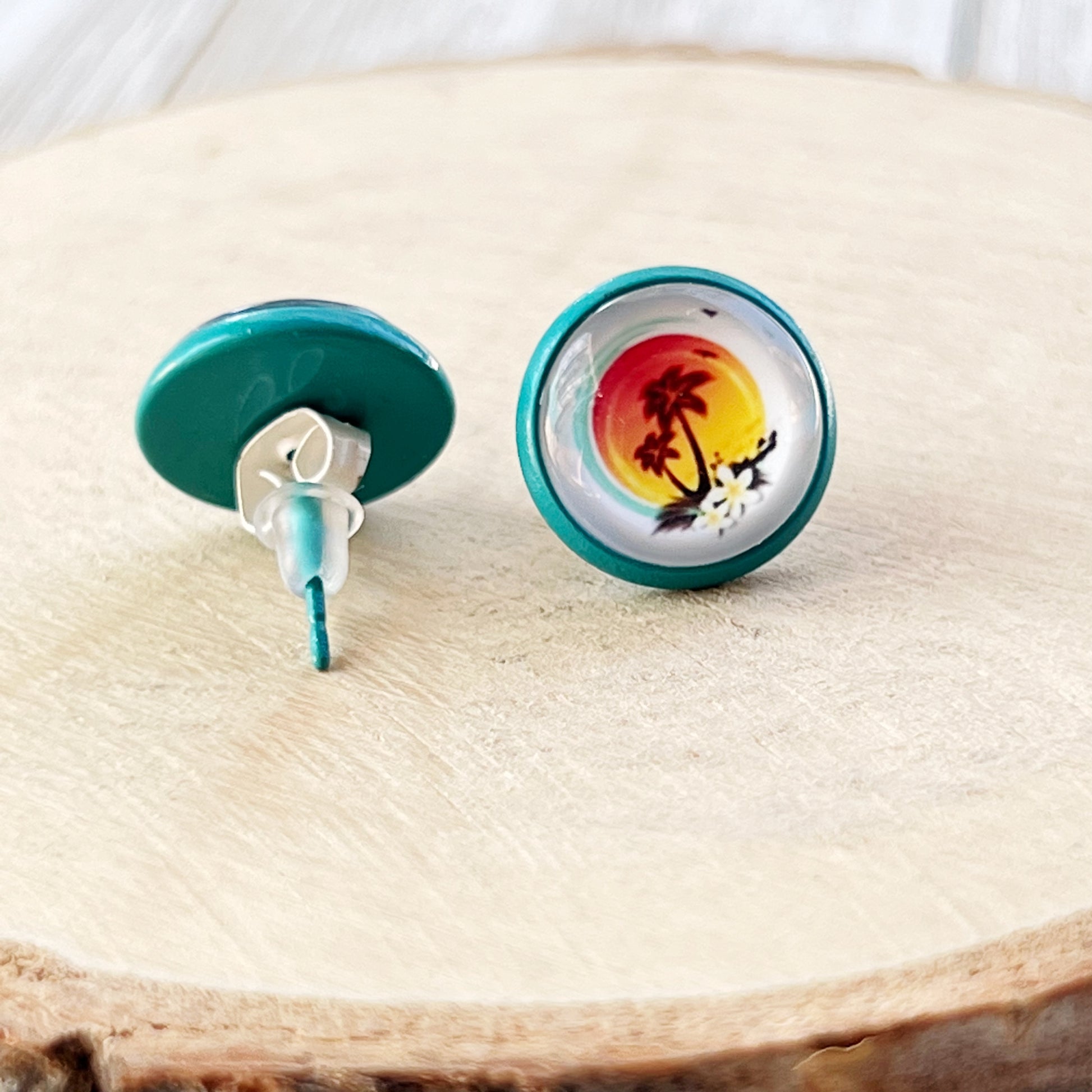 Sunset & Palm Tree Blue Stud Earrings - Tropical & Serene Accessories