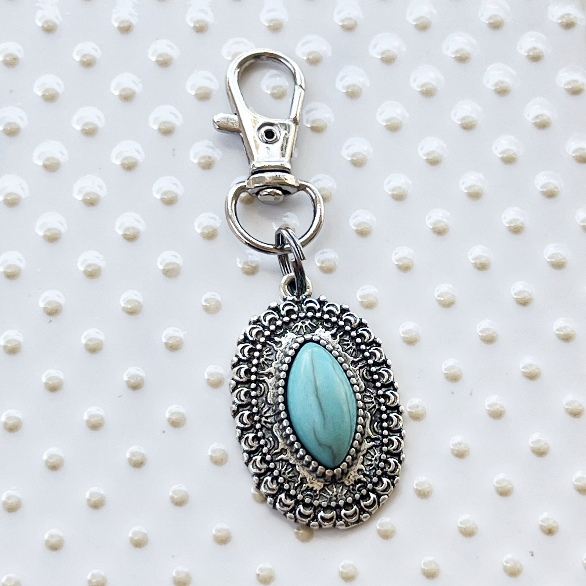 Turquoise Oval Purse Charm – Silver Western Keychain with Filigree Frame