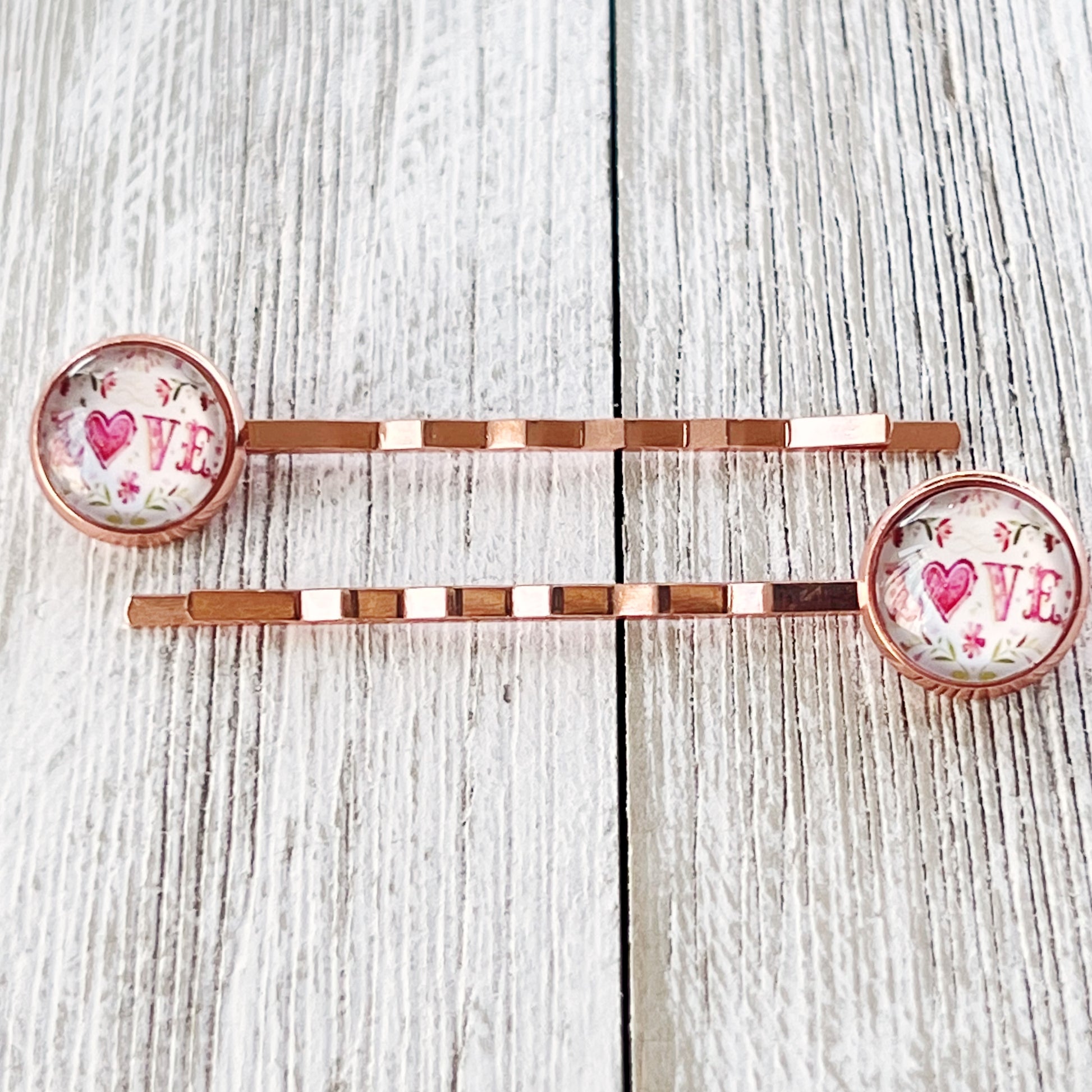 Rose Gold Floral Pink Love Heart Hair Pins
