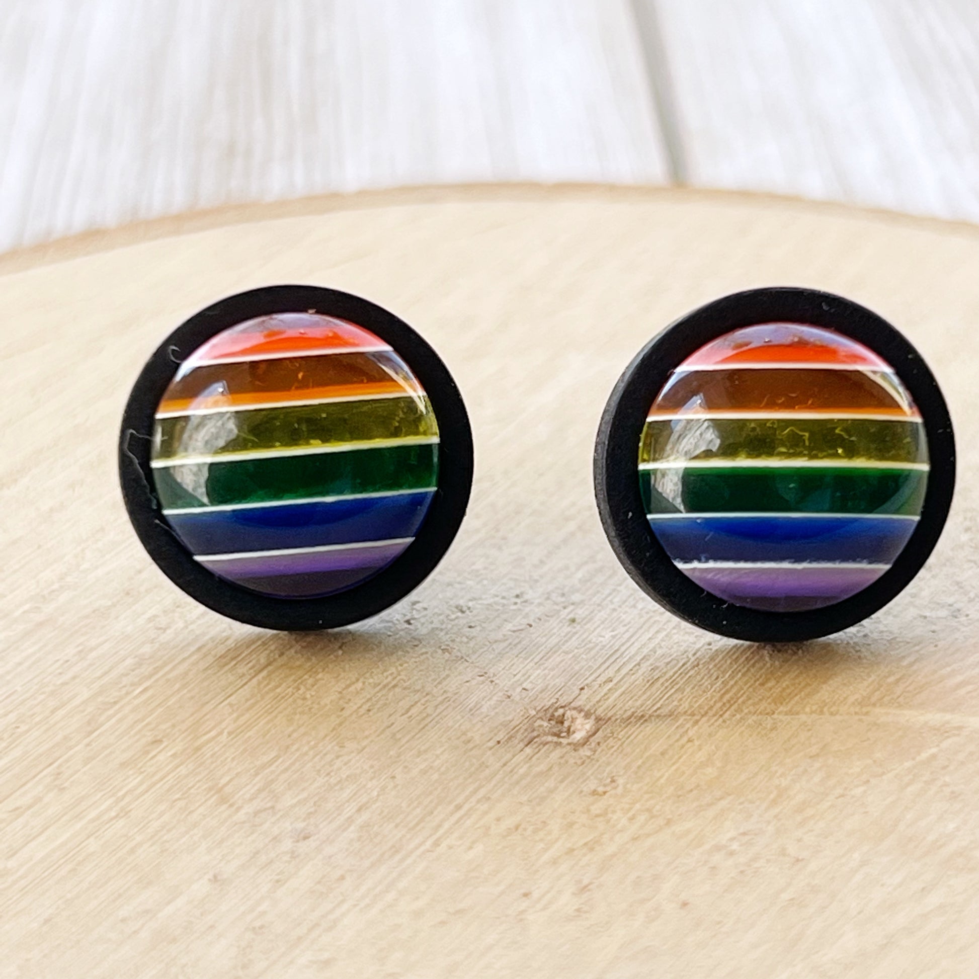 Rainbow Stripe Resin Stud Earrings – Colorful Handmade Jewelry in Black Wood