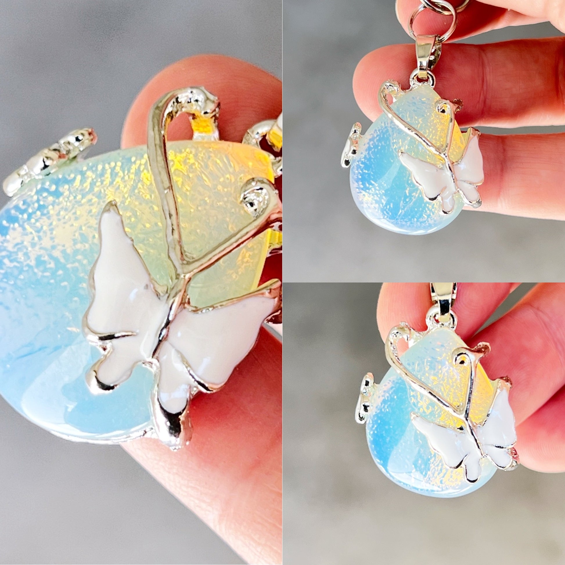Opalite Butterfly Teardrop Keychain – Iridescent Glass & Silver Charm Accessory