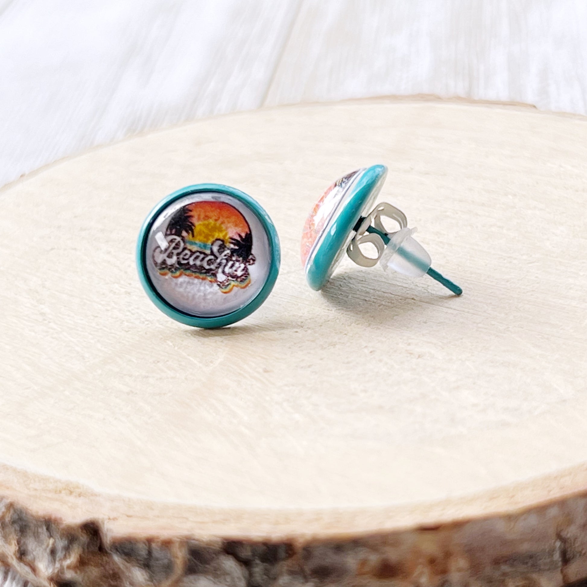 Beachin’ Sunset Stud Earrings – Retro Tropical Summer Jewelry with Teal Trim