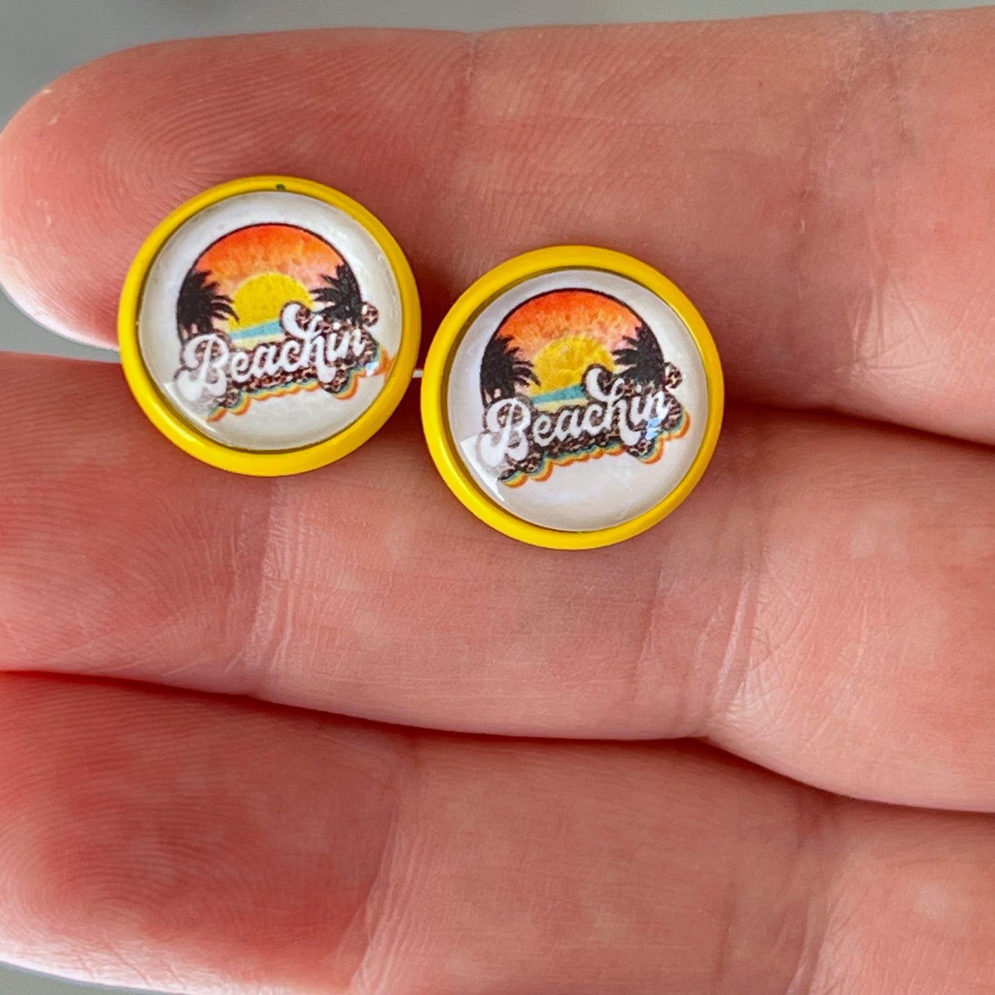 Beachin’ Sunset Stud Earrings – Tropical Retro Summer Jewelry with Yellow