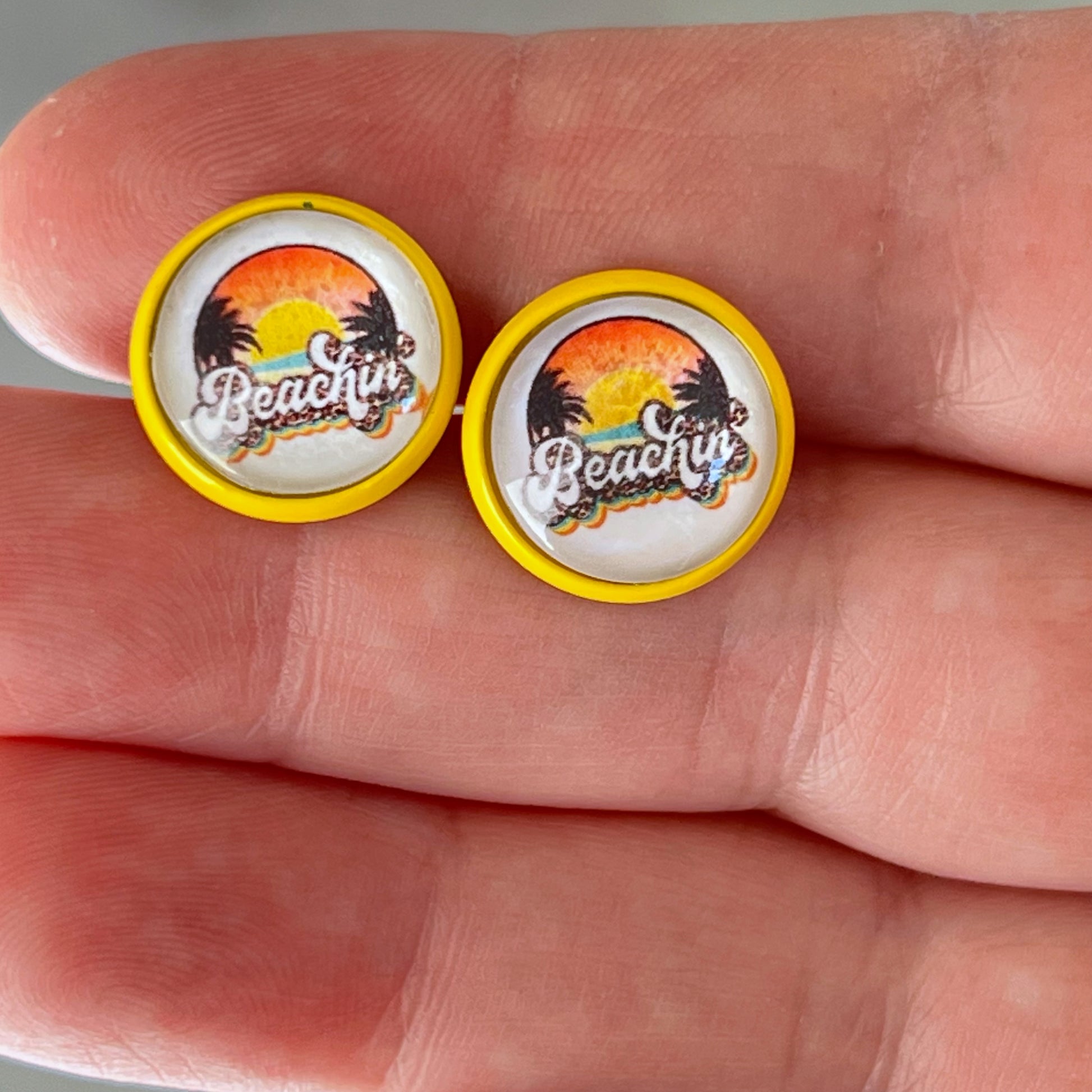 Beachin’ Sunset Stud Earrings – Tropical Retro Summer Jewelry with Yellow