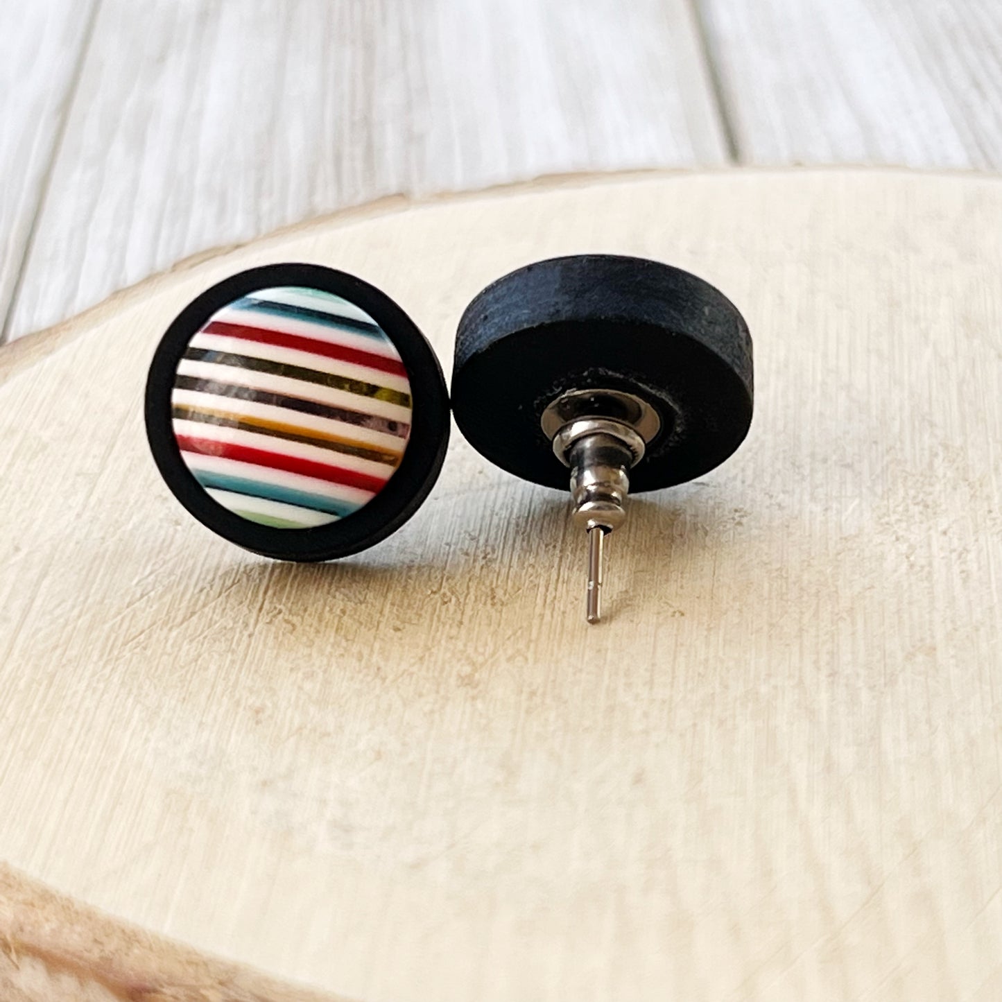 Striped Resin Stud Earrings – Multicolor Round Handmade Boho Jewelry