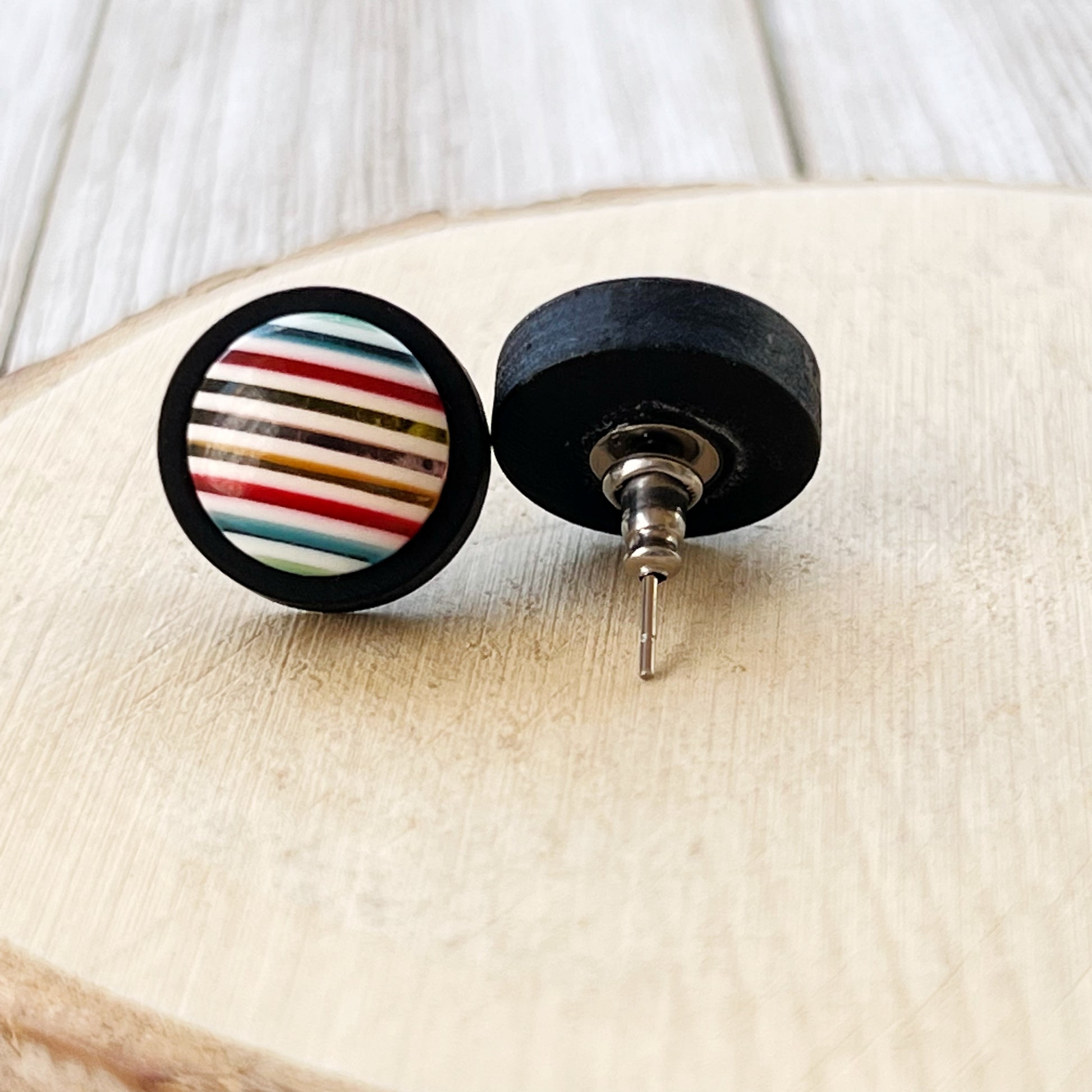 Striped Resin Stud Earrings – Multicolor Round Handmade Boho Jewelry