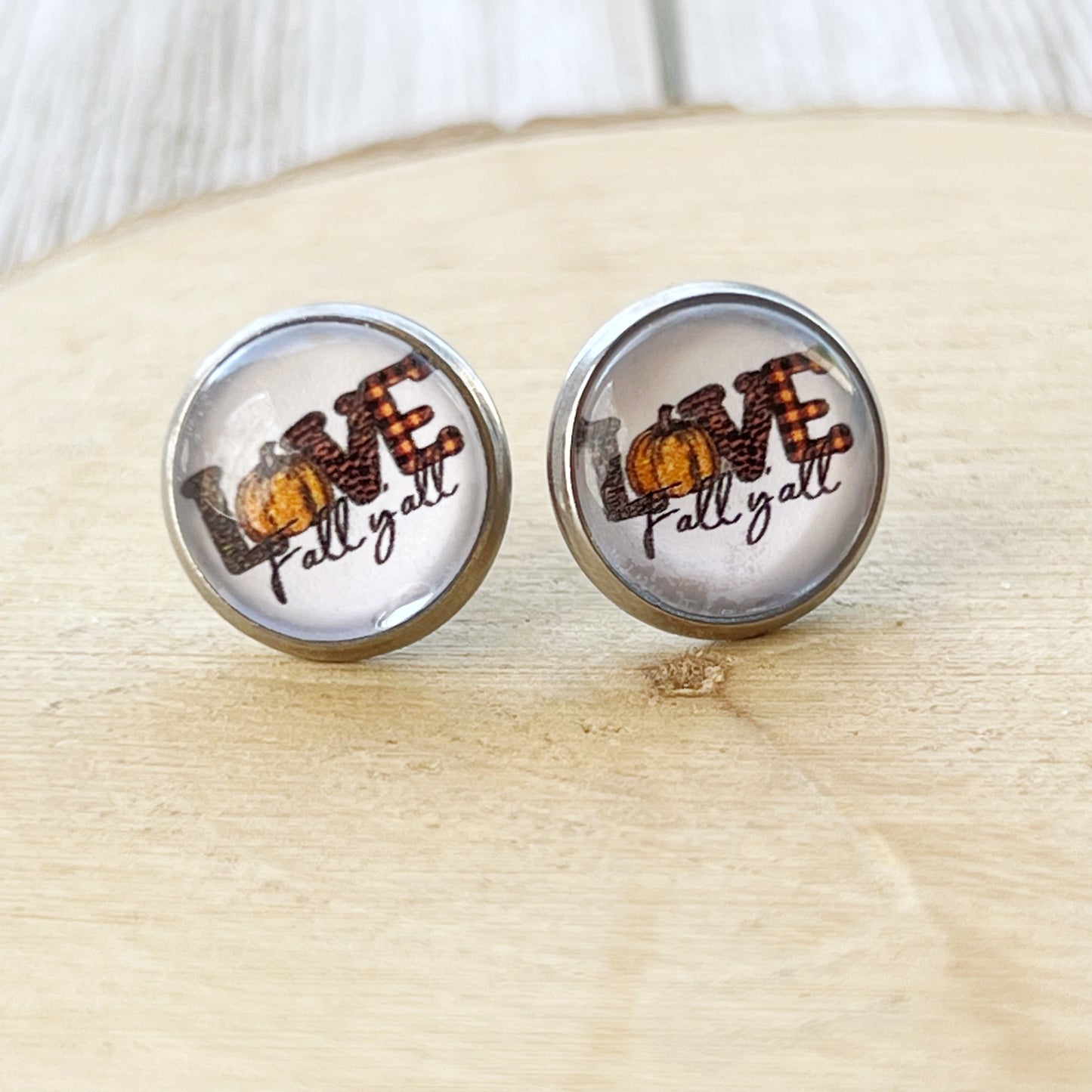 Love Fall Y’all Stud Earrings – Buffalo Plaid Pumpkin Autumn Jewelry in Silver