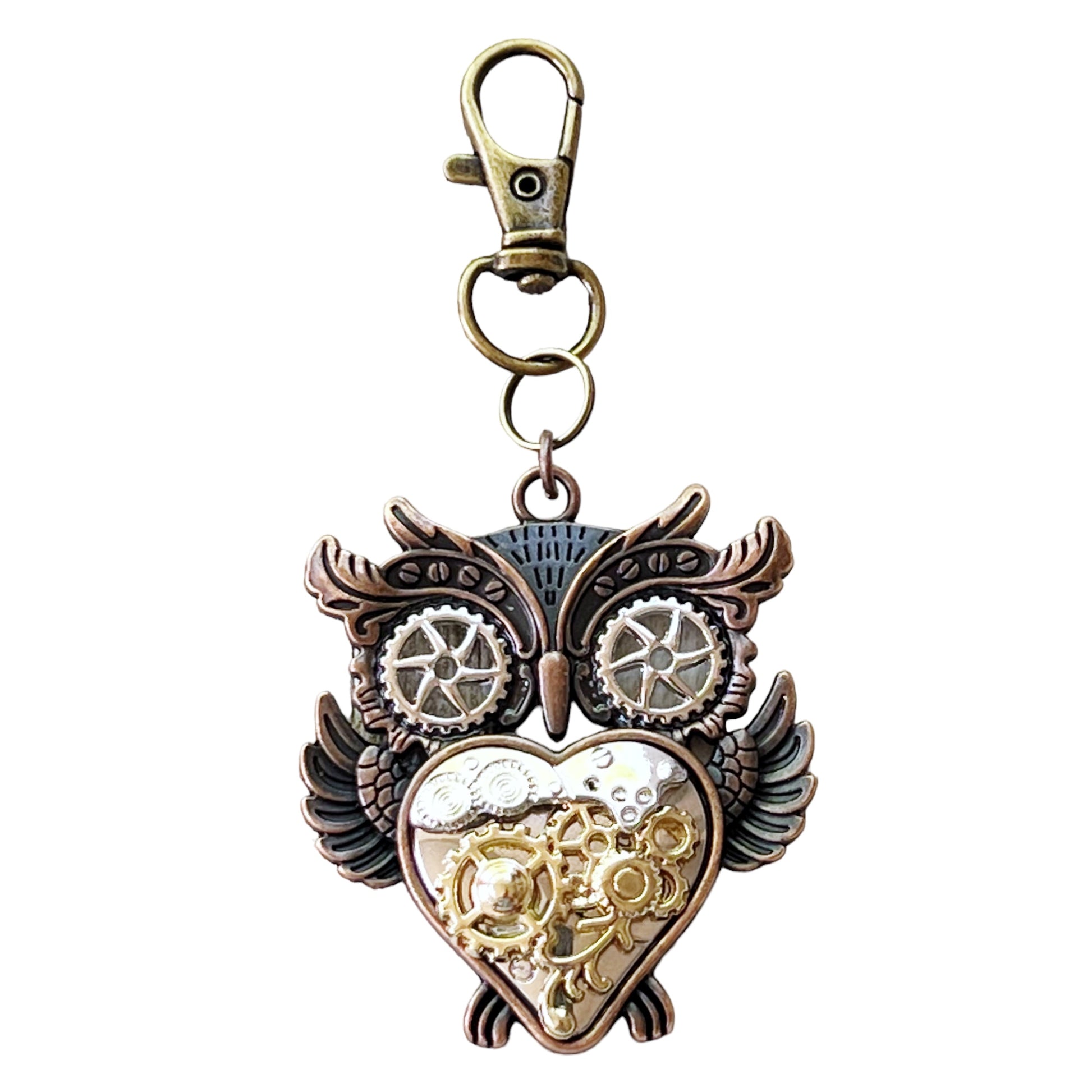 Steampunk Owl Purse Charm – Mixed Metal Heart Keychain with Gear Details