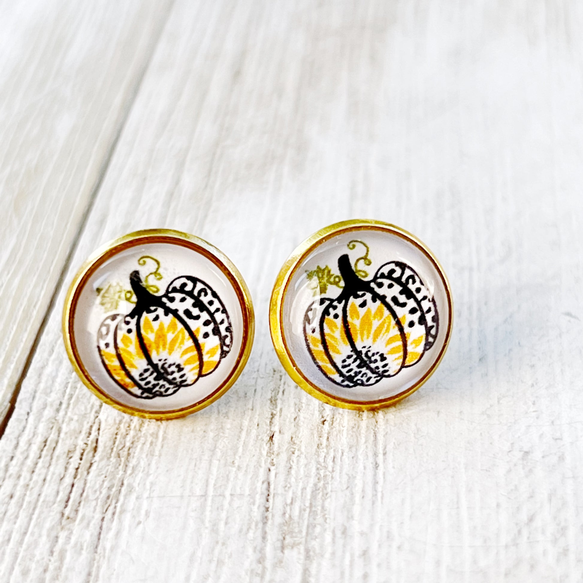 Pumpkin & Sunflower Gold Stud Earrings: Unique Autumn Accents for Your Style