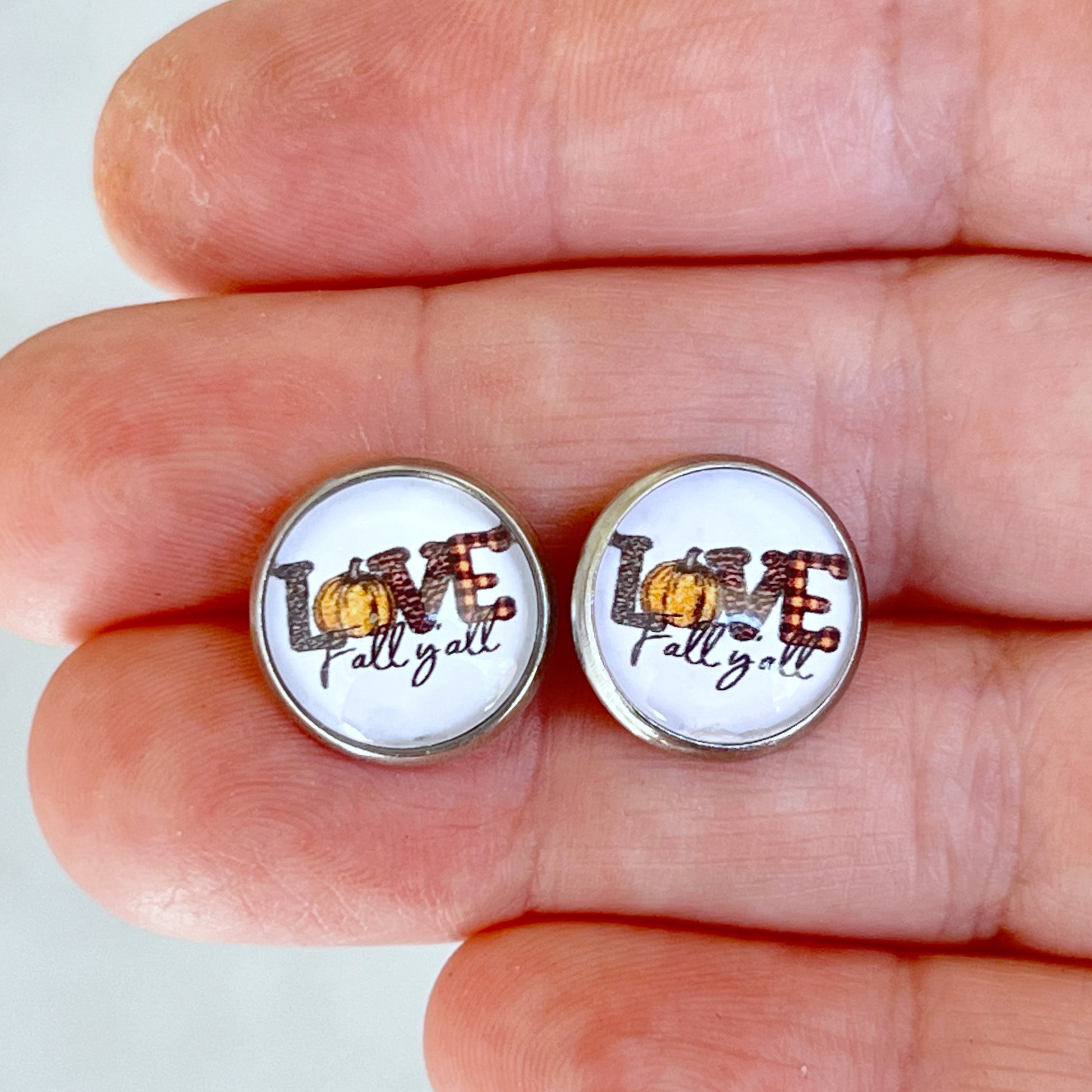 Love Fall Y’all Stud Earrings – Buffalo Plaid Pumpkin Autumn Jewelry in Silver