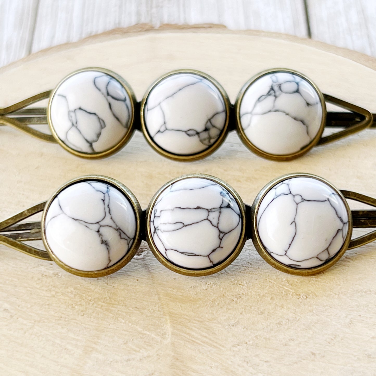 White Marble Hair Pins – Minimal Boho Stone Hair Clips in Bronze Tone