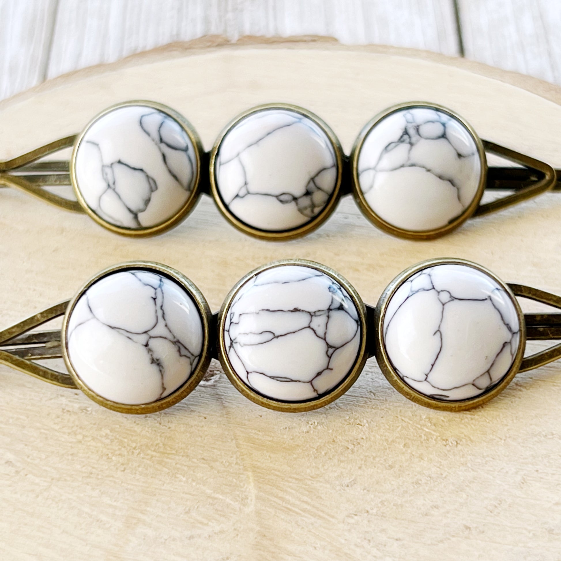 White Marble Hair Pins – Minimal Boho Stone Hair Clips in Bronze Tone