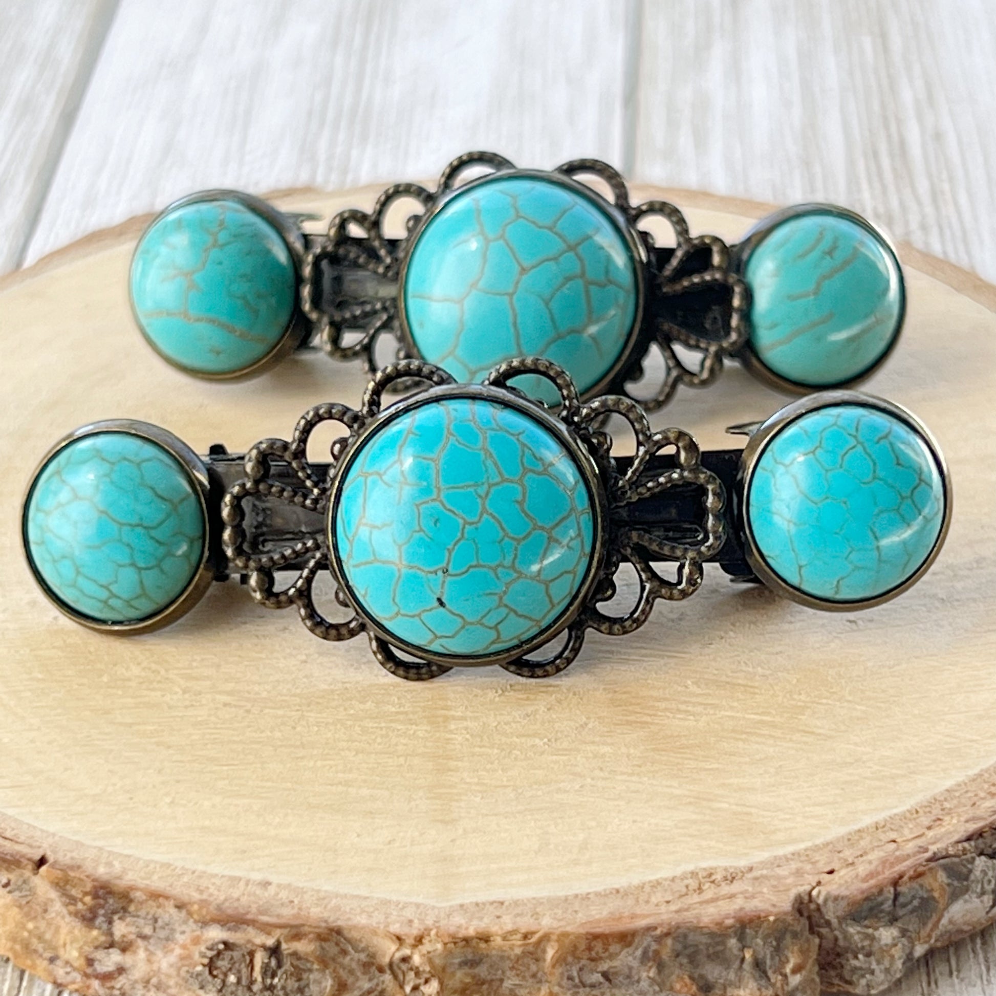 Turquoise Stone Hair Barrettes – Vintage-Inspired Boho Hair Clip Set