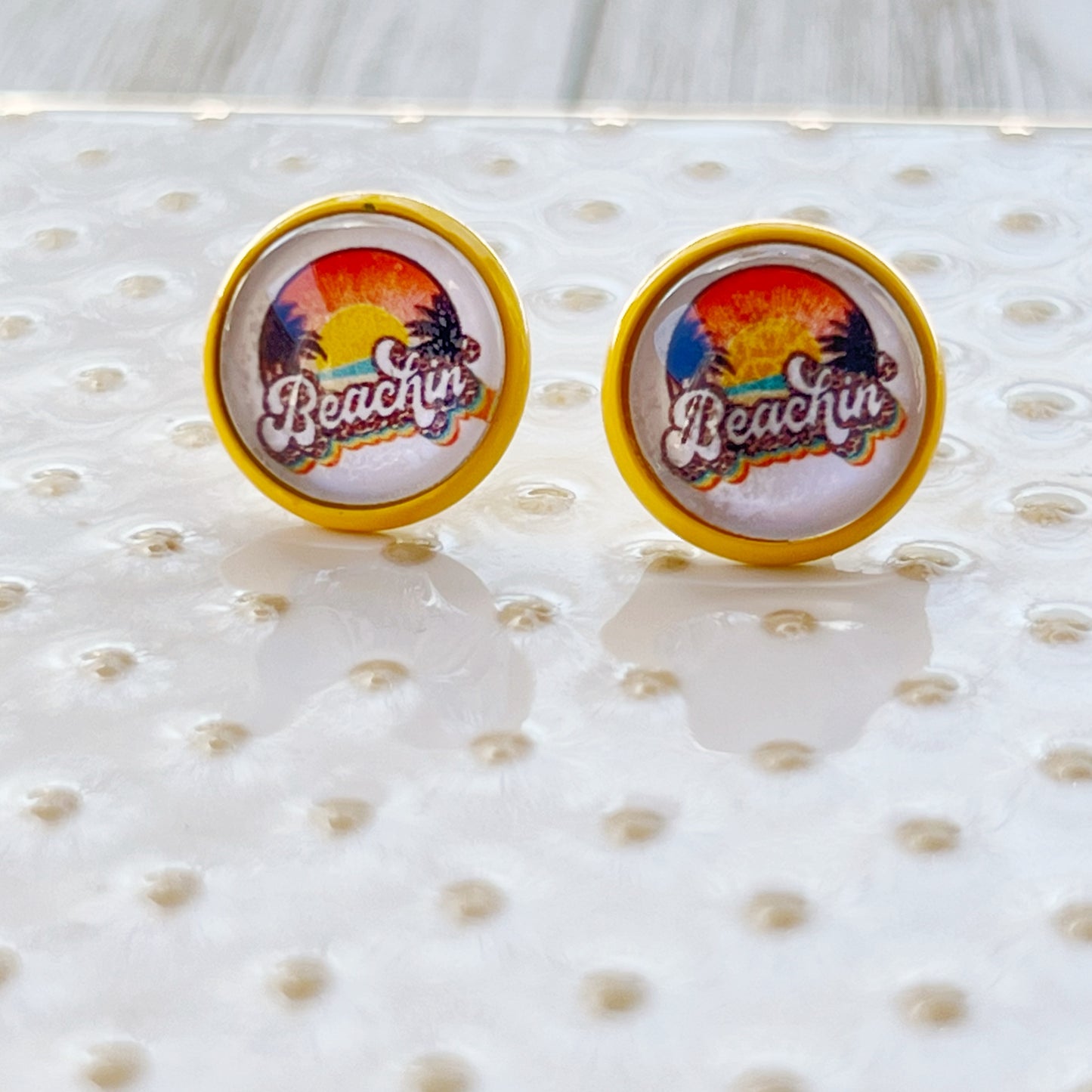 Beachin’ Sunset Stud Earrings – Tropical Retro Summer Jewelry with Yellow