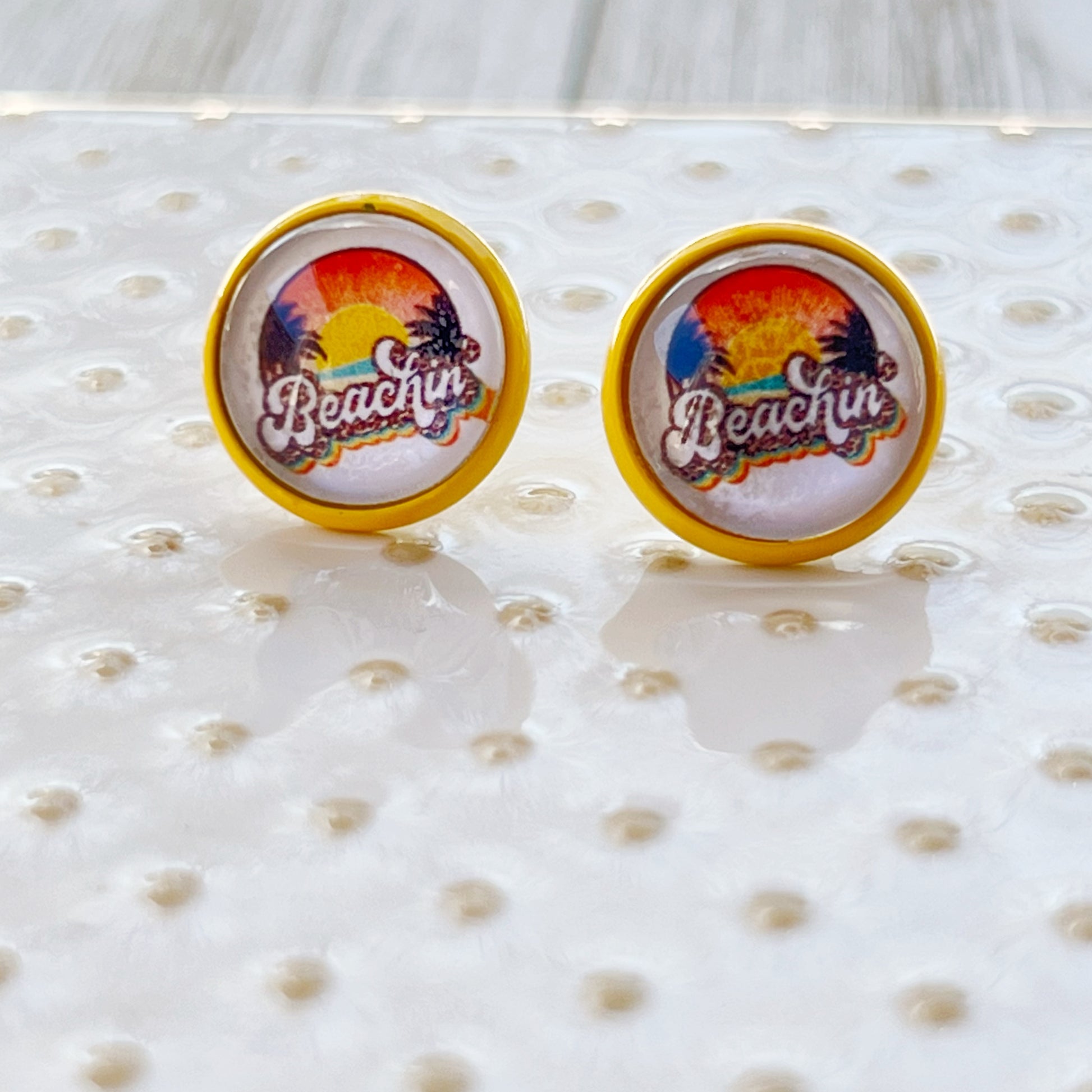 Beachin’ Sunset Stud Earrings – Tropical Retro Summer Jewelry with Yellow