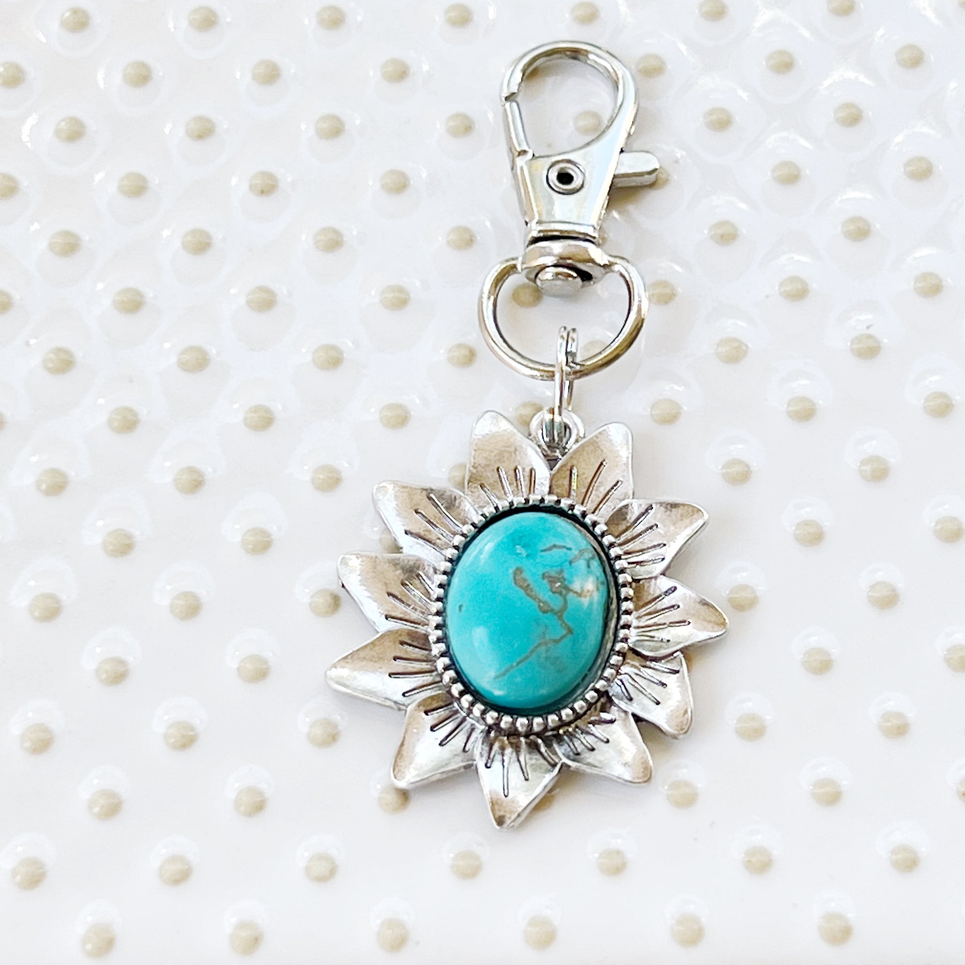 Turquoise Sunflower Boho Western Zipper Pull Purse Charm - Stylish Southwest-Inspired Accessory