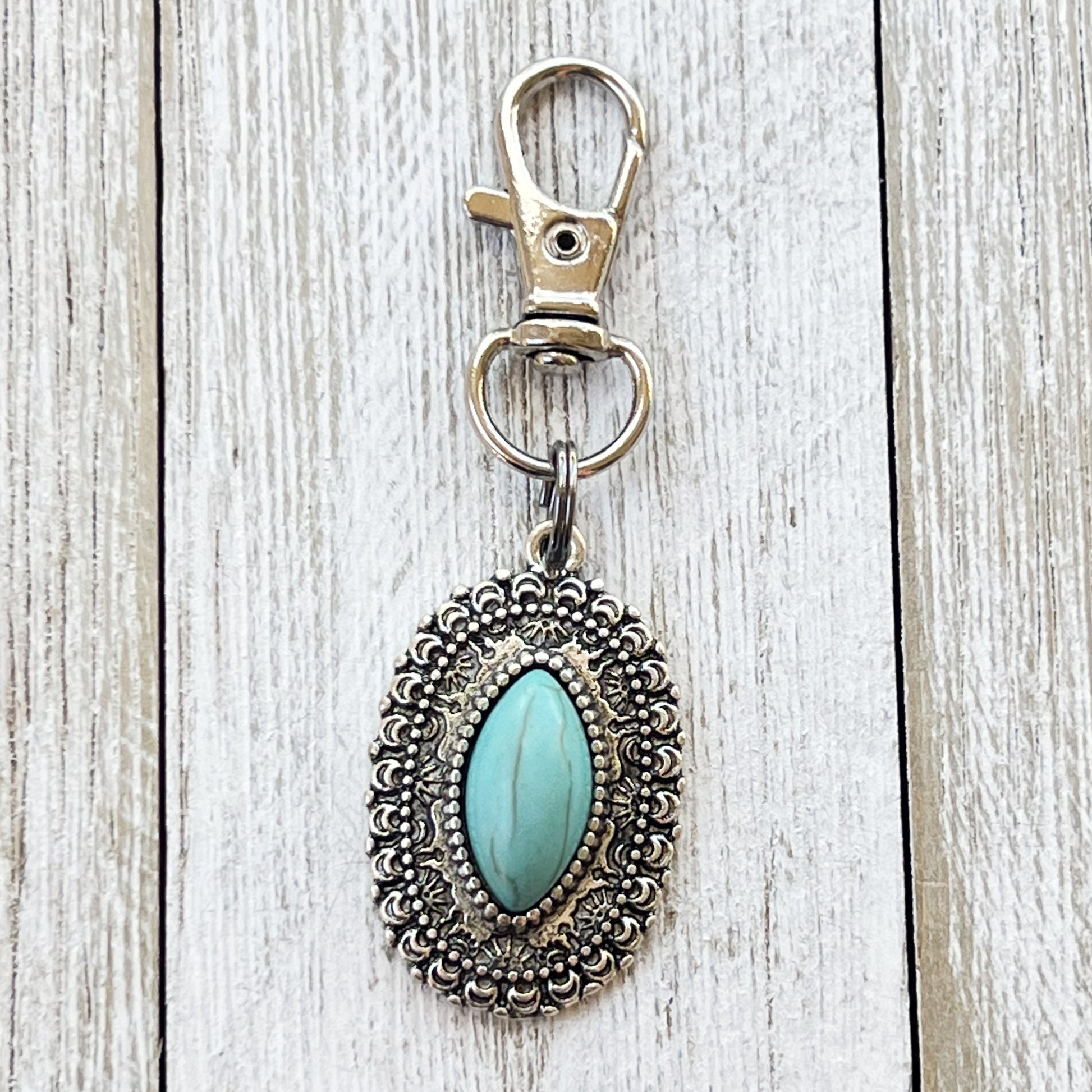 Turquoise Oval Purse Charm – Silver Western Keychain with Filigree Frame