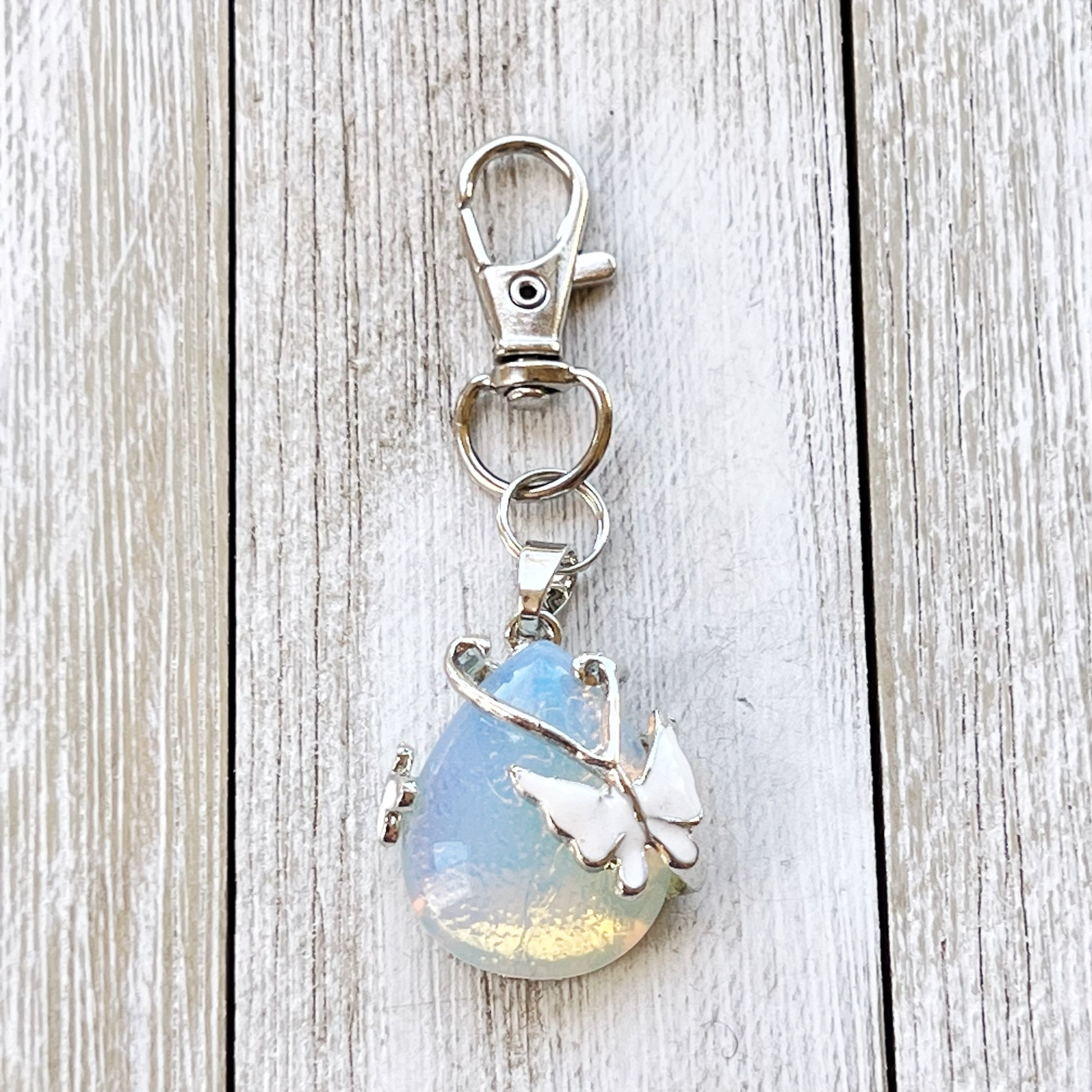 Opalite Butterfly Teardrop Keychain – Iridescent Glass & Silver Charm Accessory
