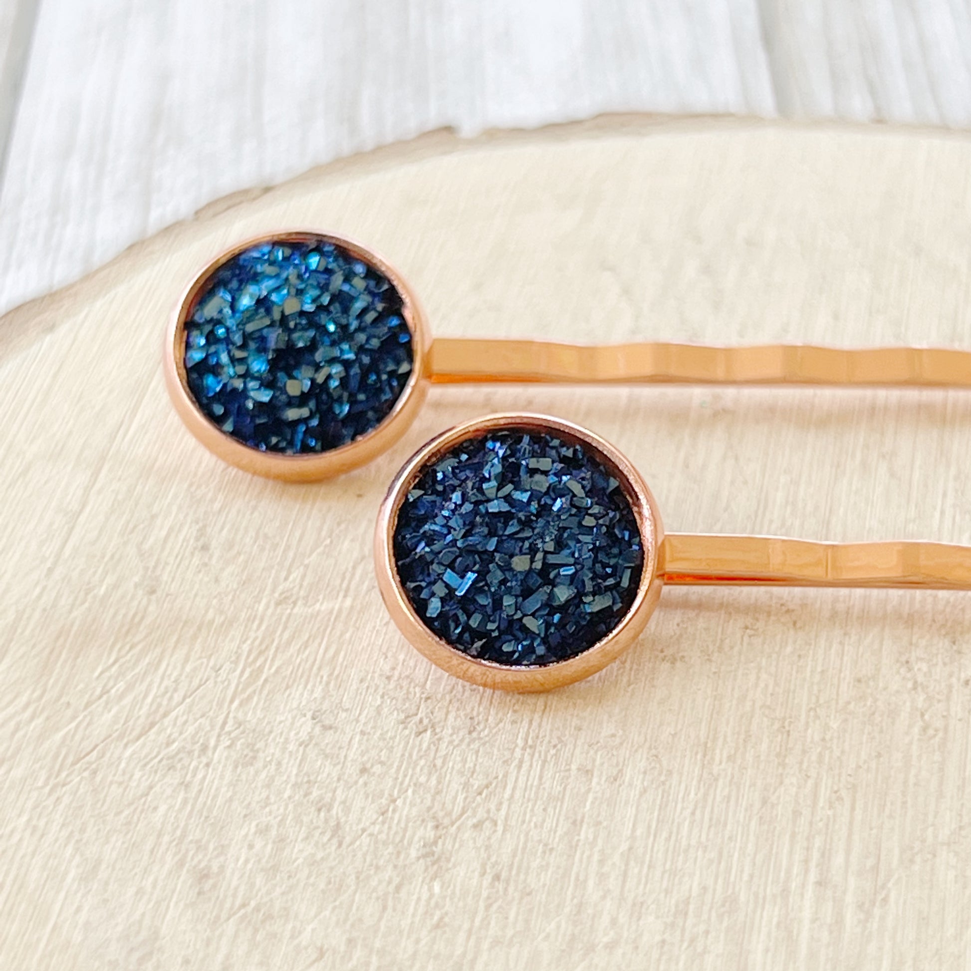 Cobalt Blue Druzy Rose Gold Hair Pins: Elegant & Vibrant Accessories