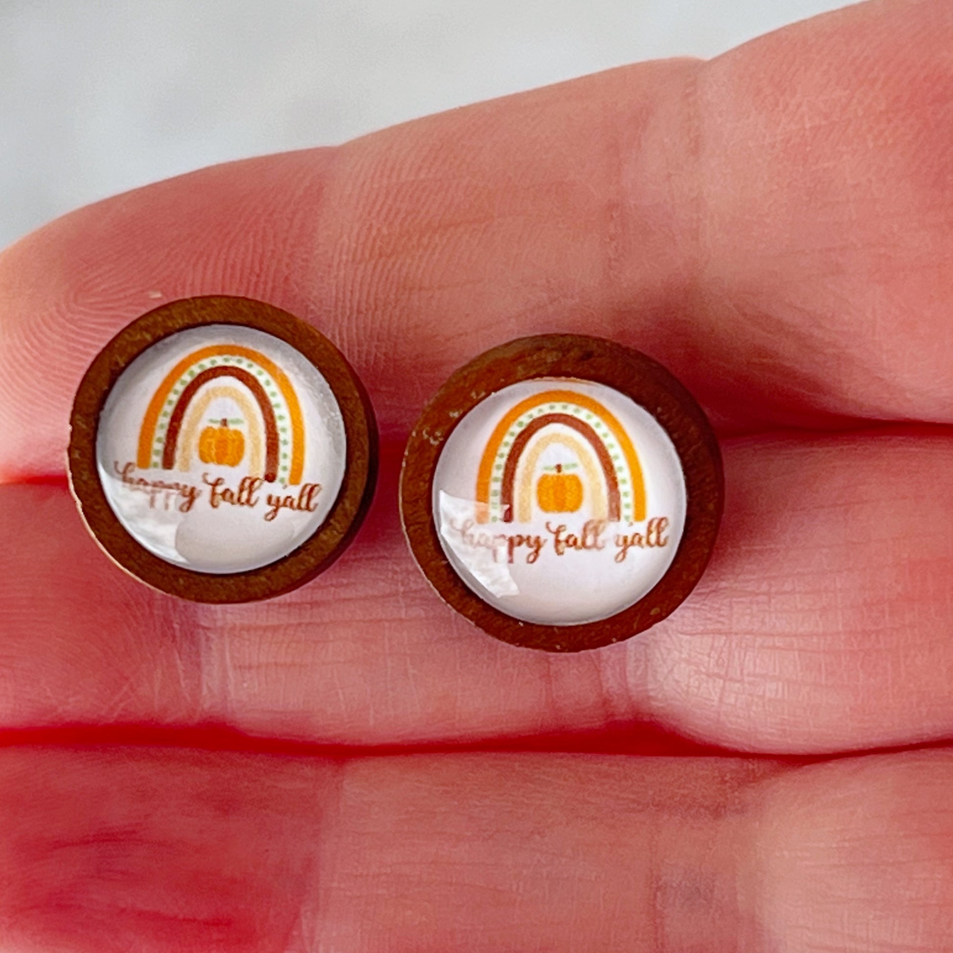 Boho Rainbow Happy Fall Y’all Wood Stud Earrings - Festive Autumn Accessories