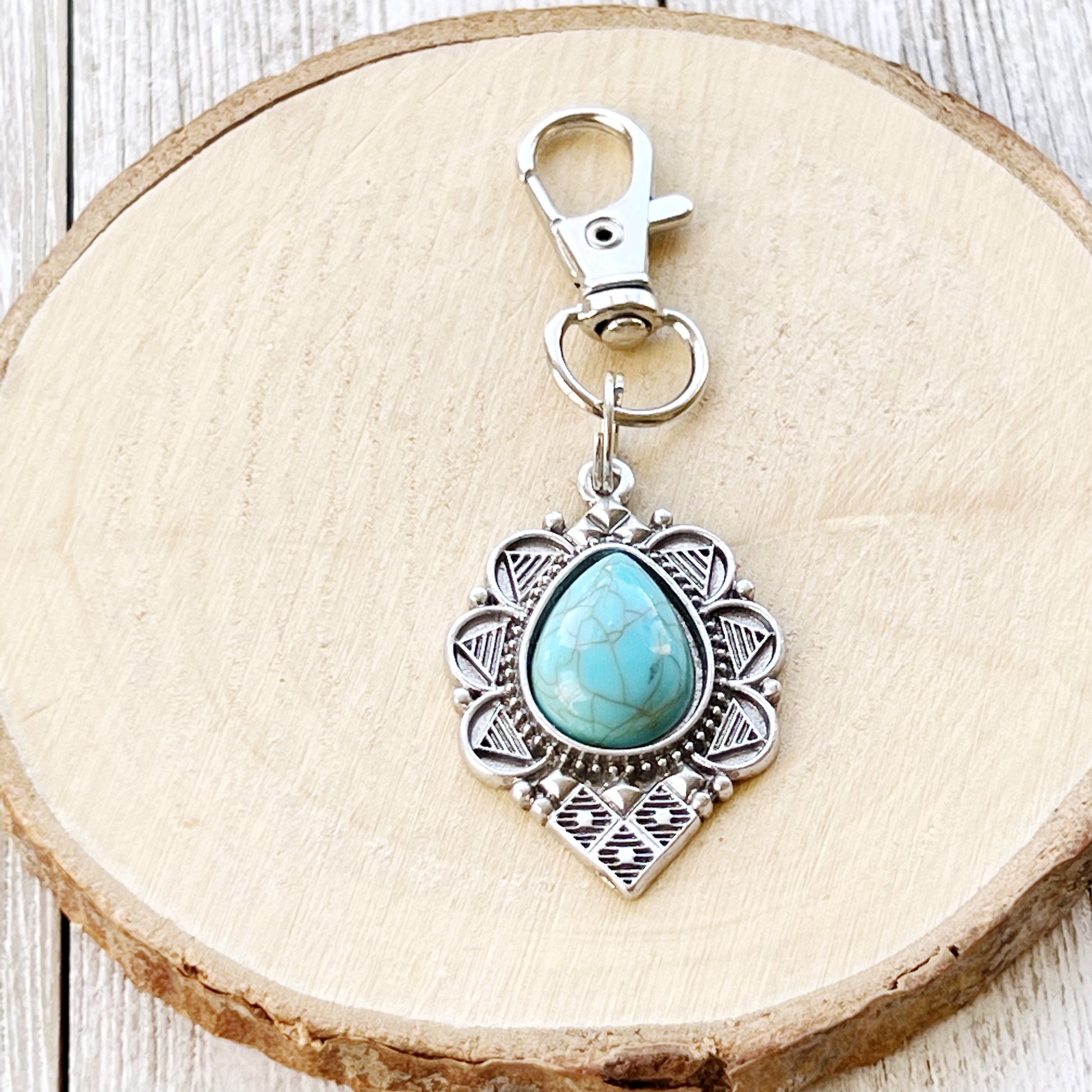 Turquoise Teardrop Purse Charm – Boho Southwest Silver Keychain Accent