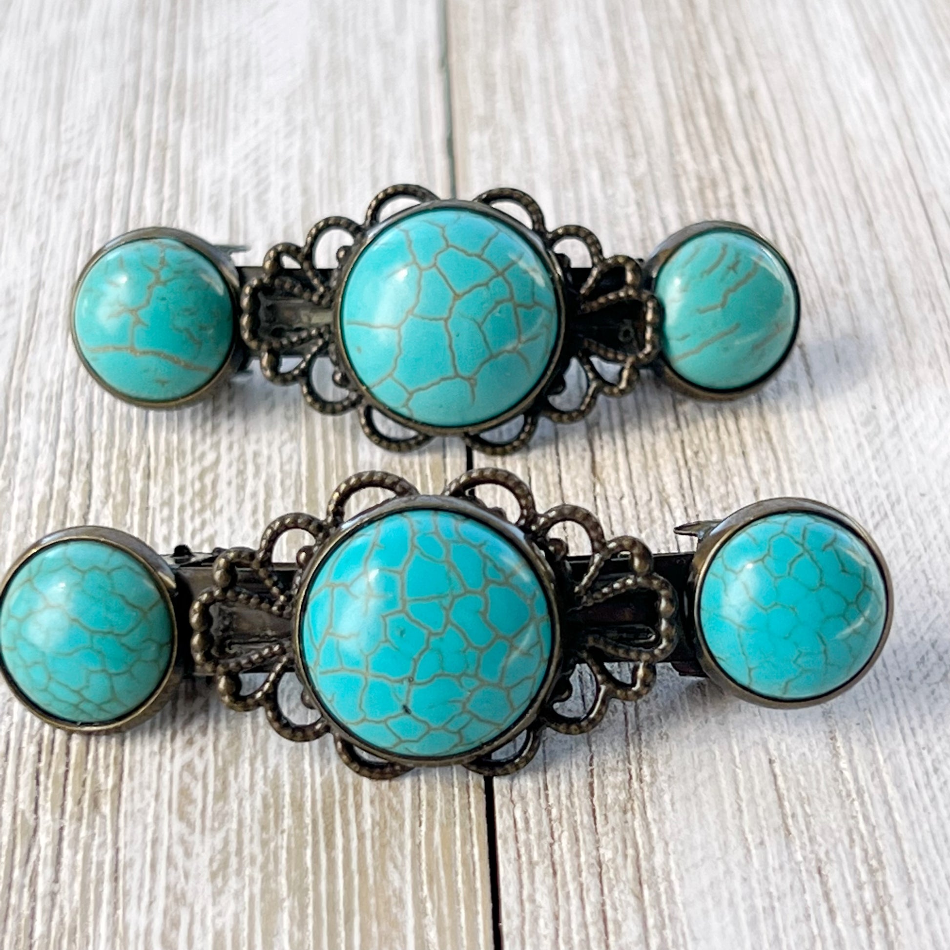 Turquoise Stone Hair Barrettes – Vintage-Inspired Boho Hair Clip Set