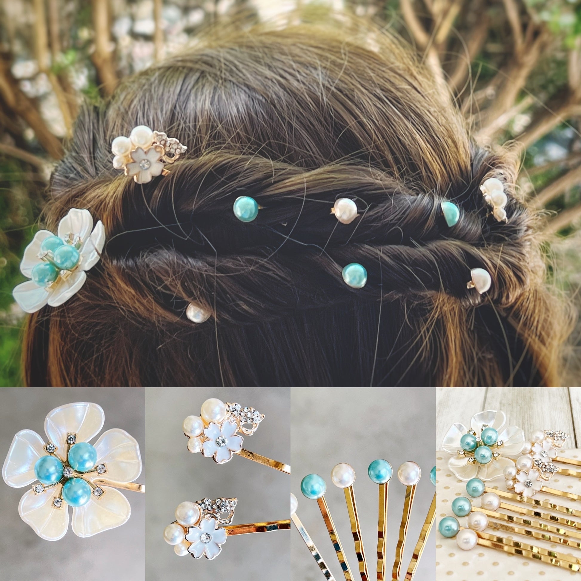 Blue Pearl Hair Pins Set - Wedding Hair Jewelry for Bride | White Floral & Rhinestone Bobby Pins for Elegant Hairstyles