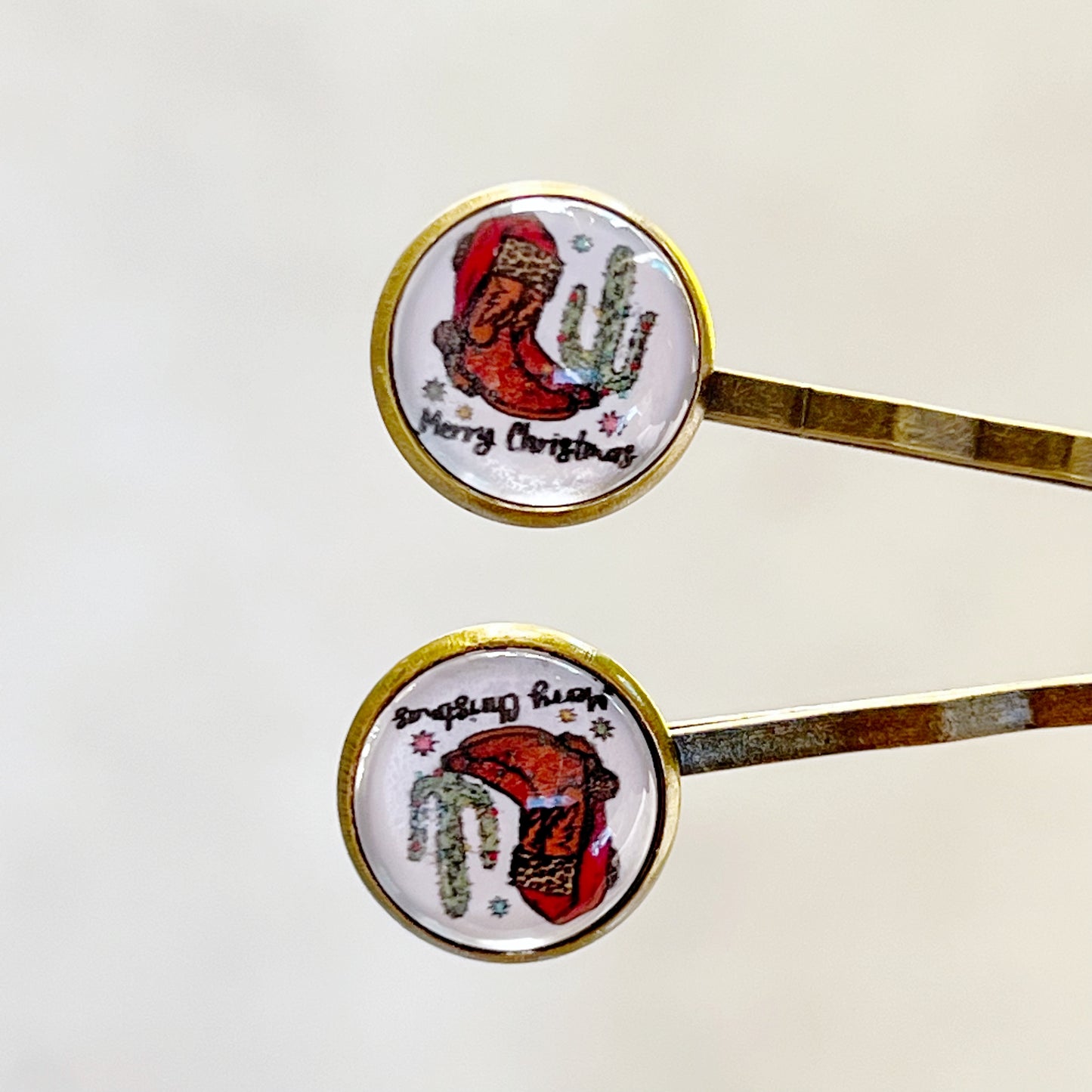 Cowboy Boots & Cactus Christmas Hair Pins - Festive Western-Inspired Accessories