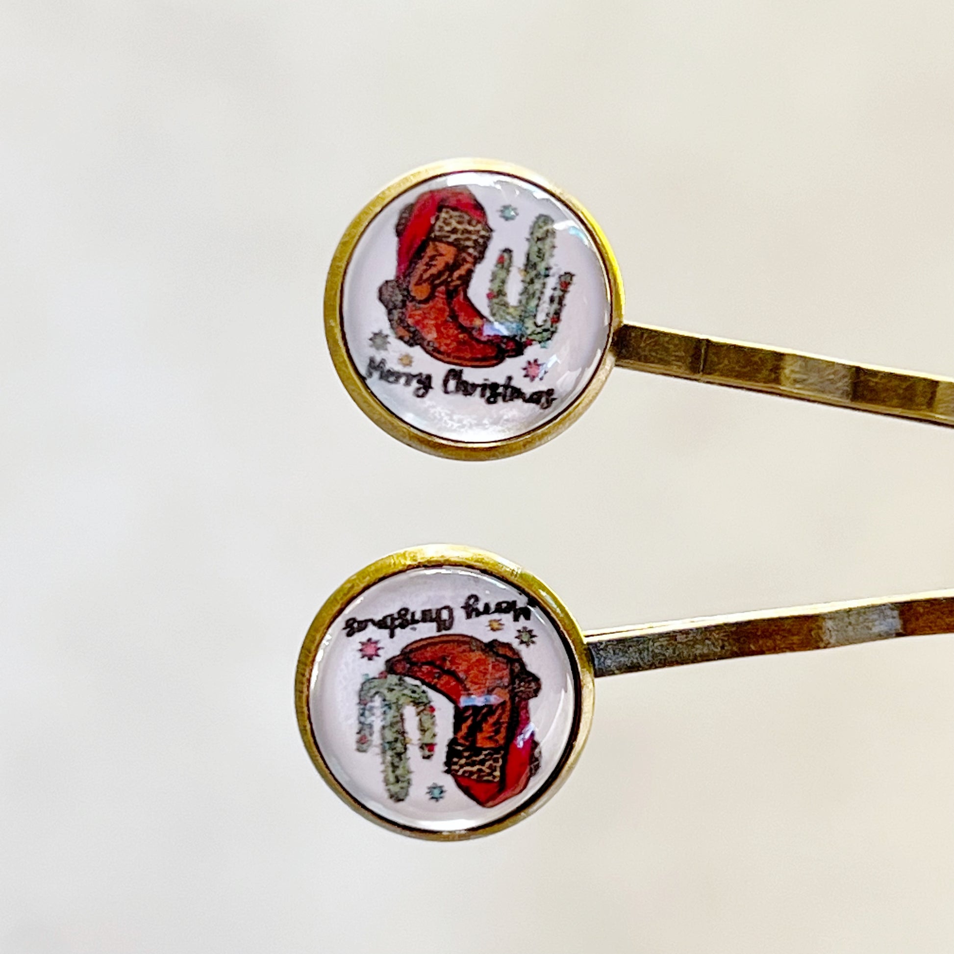 Cowboy Boots & Cactus Christmas Hair Pins - Festive Western-Inspired Accessories