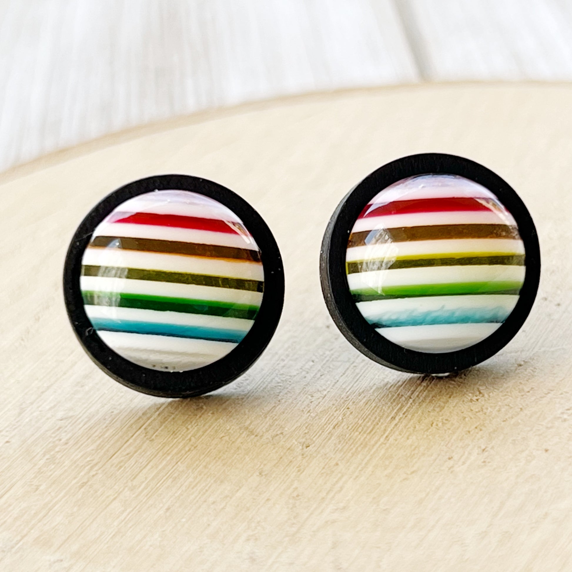 Rainbow Stripe Stud Earrings – Bold Multicolor Round Jewelry in Black Wood