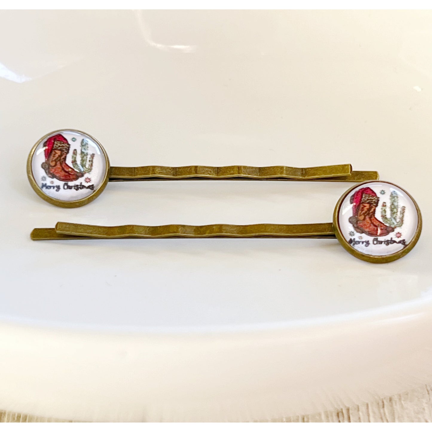 Cowboy Boots & Cactus Christmas Hair Pins - Festive Western-Inspired Accessories