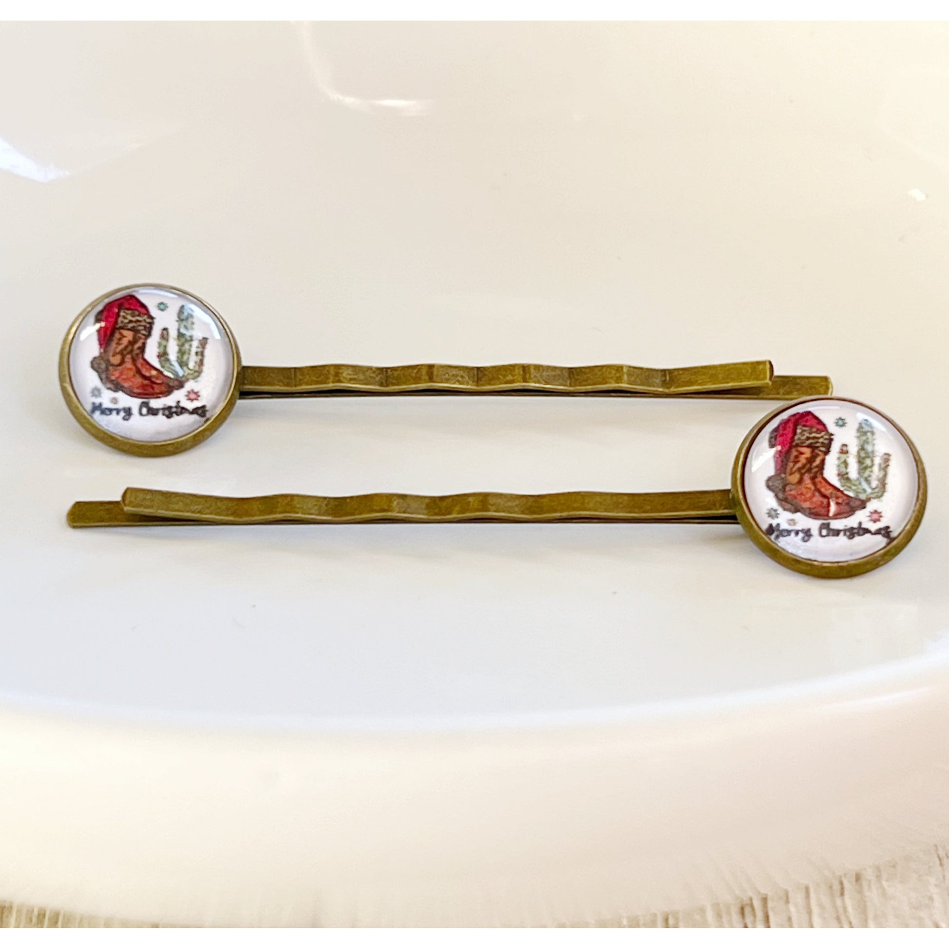 Cowboy Boots & Cactus Christmas Hair Pins - Festive Western-Inspired Accessories