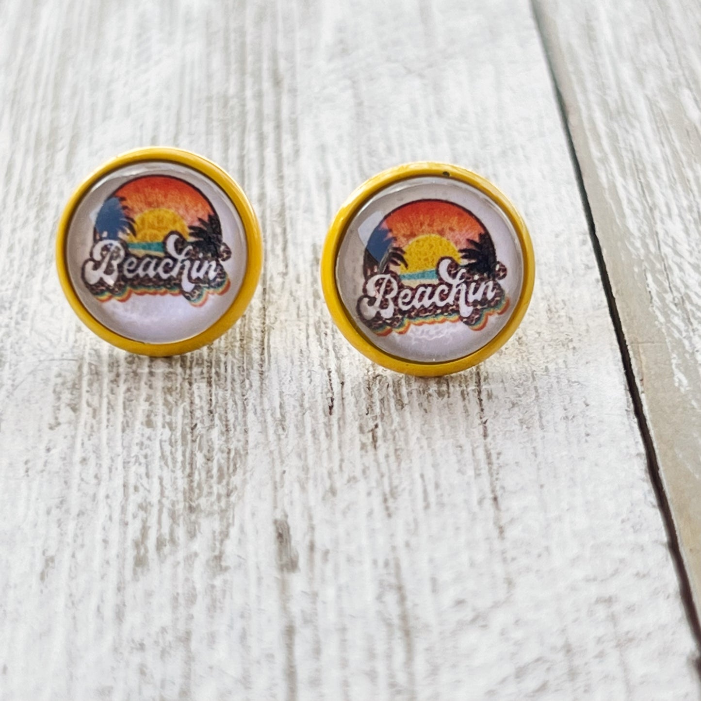 Beachin’ Sunset Stud Earrings – Tropical Retro Summer Jewelry with Yellow