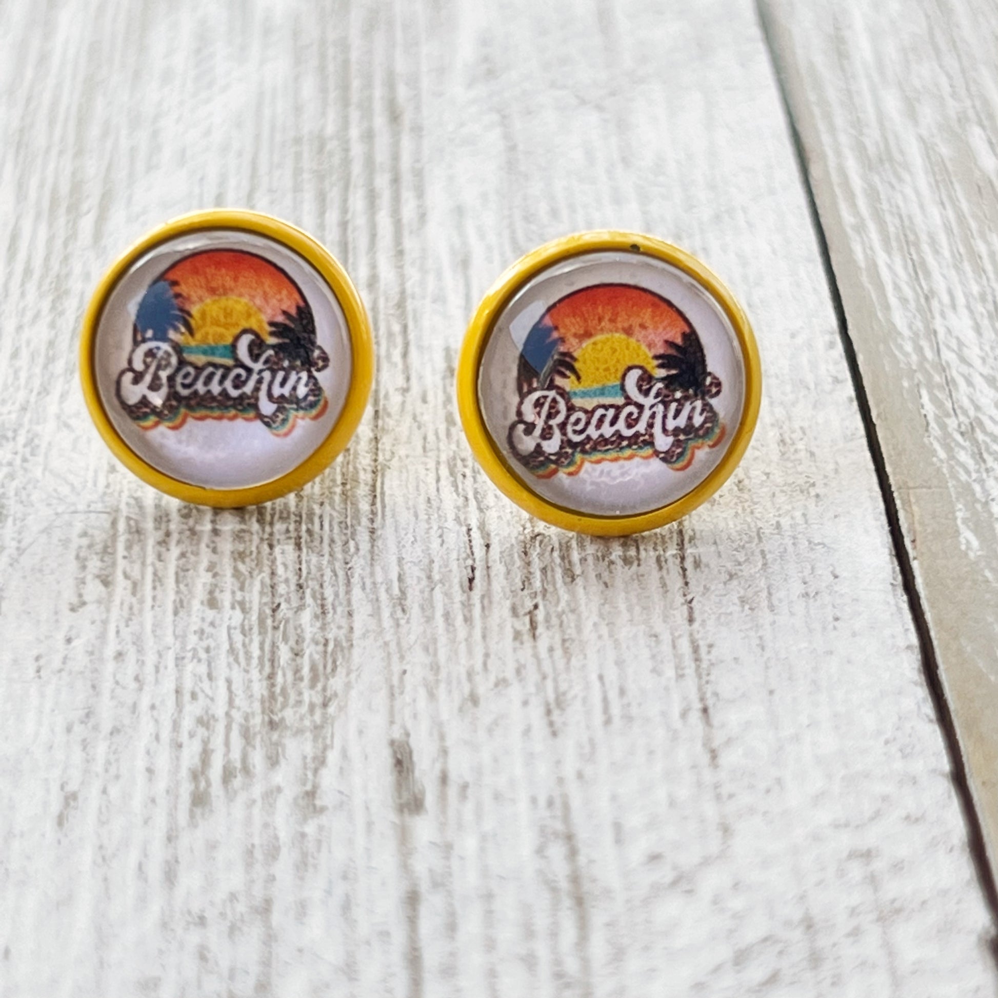 Beachin’ Sunset Stud Earrings – Tropical Retro Summer Jewelry with Yellow