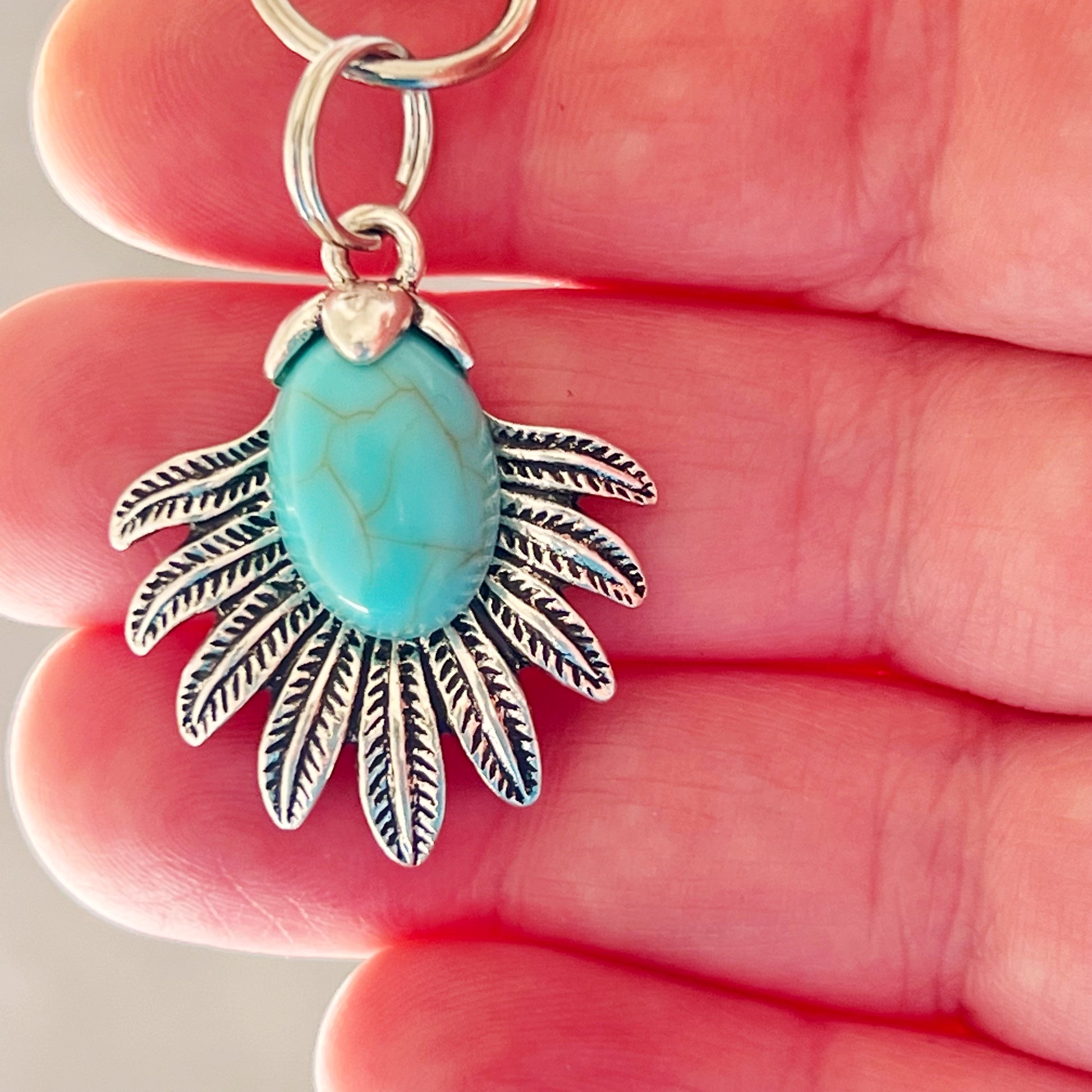 Turquoise Sunburst Purse Charm – Western Boho Keychain with Feather Detail