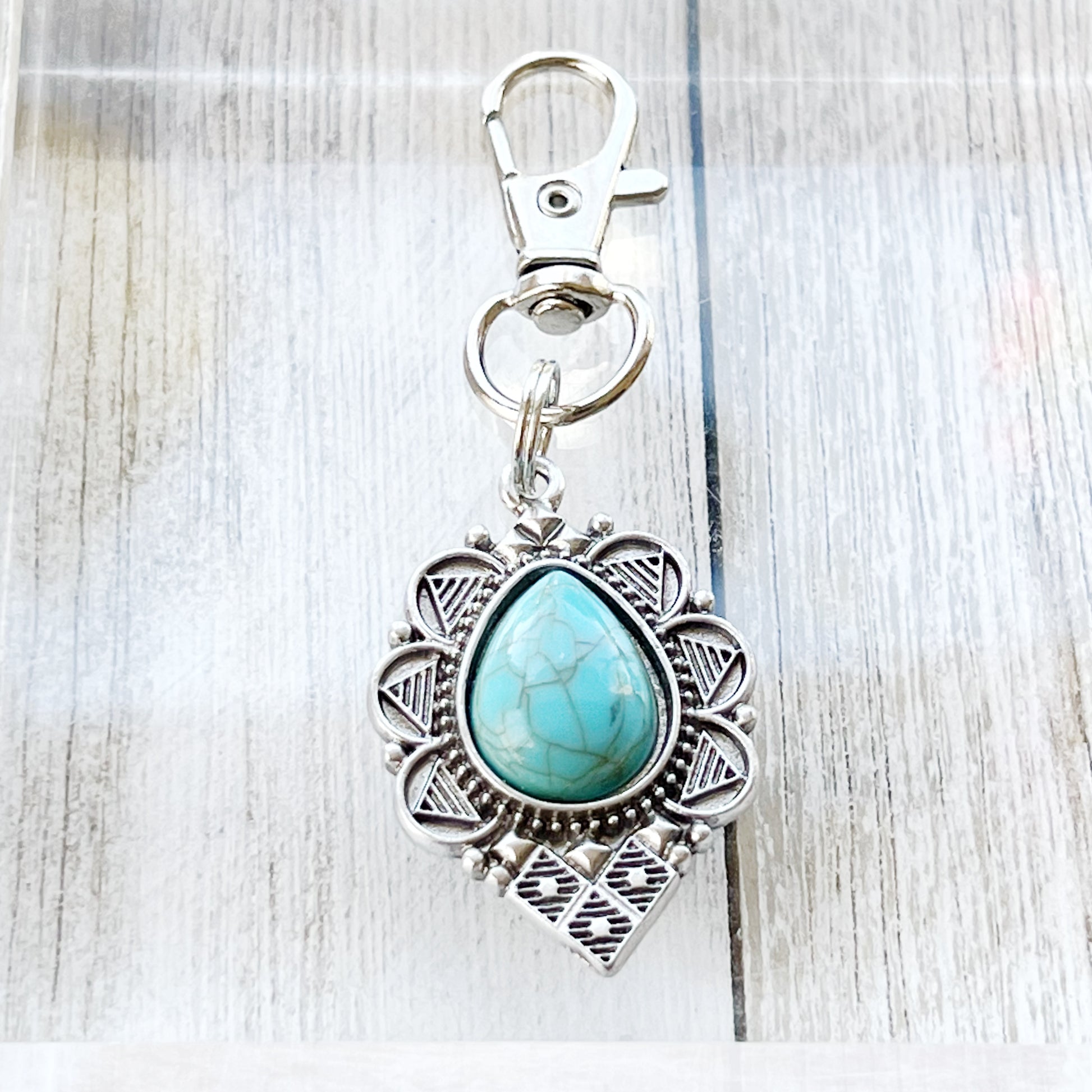 Turquoise Teardrop Purse Charm – Boho Southwest Silver Keychain Accent