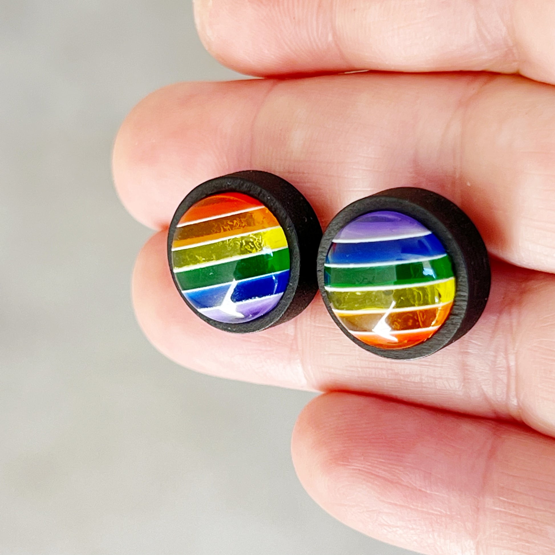 Rainbow Stripe Resin Stud Earrings – Colorful Handmade Jewelry in Black Wood