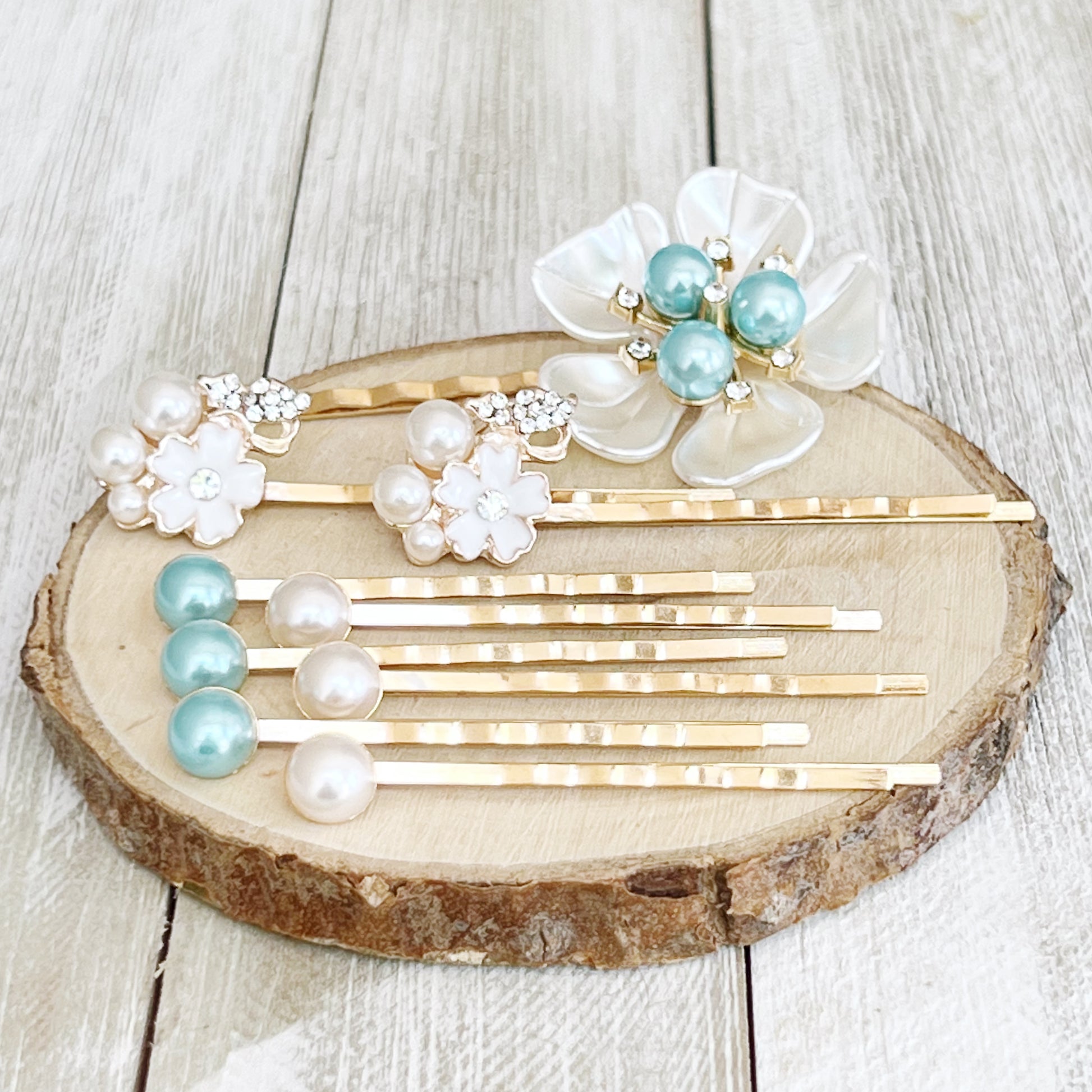 Blue Pearl Hair Pins Set - Wedding Hair Jewelry for Bride | White Floral & Rhinestone Bobby Pins for Elegant Hairstyles