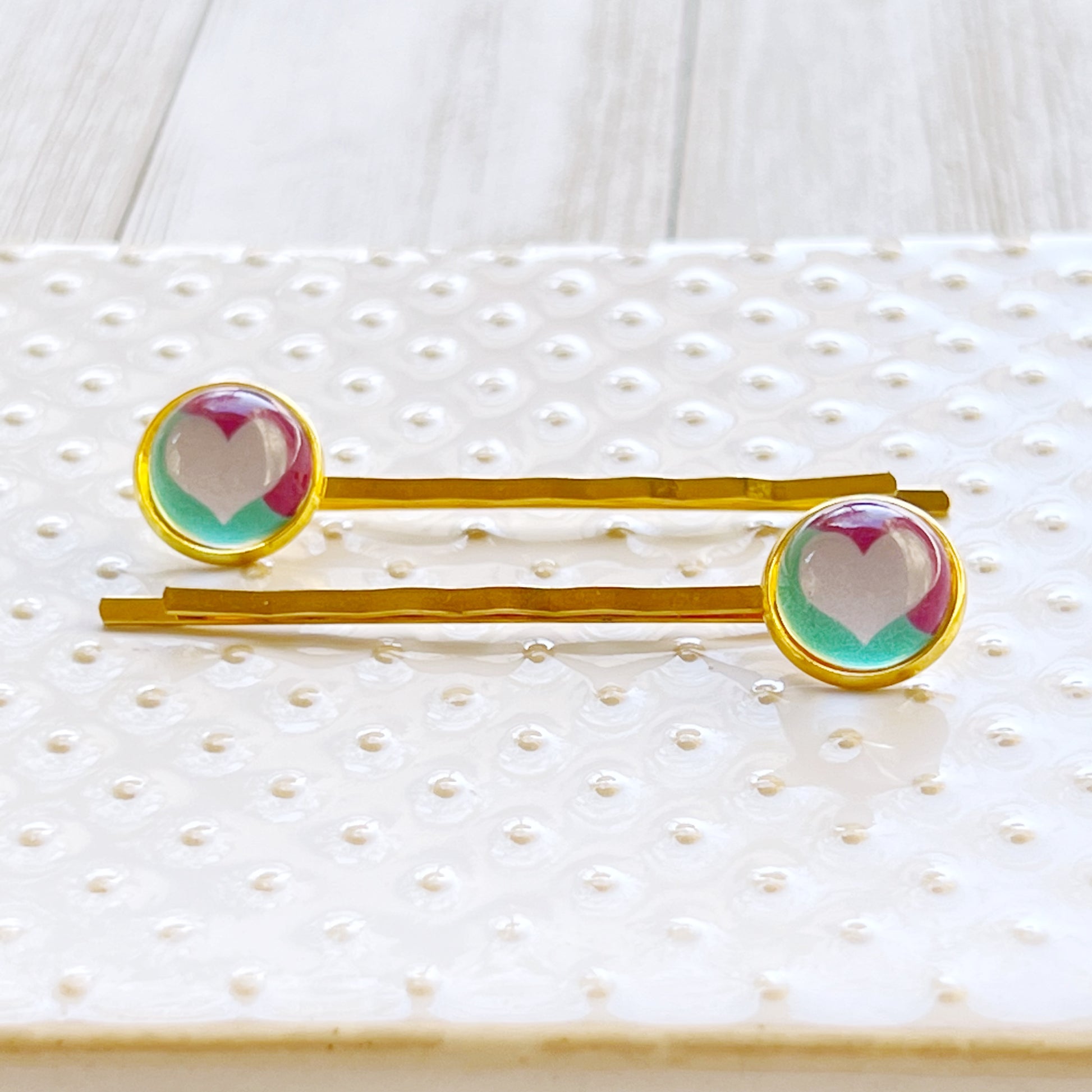 White, Purple and Teal Heart Hair Pins
