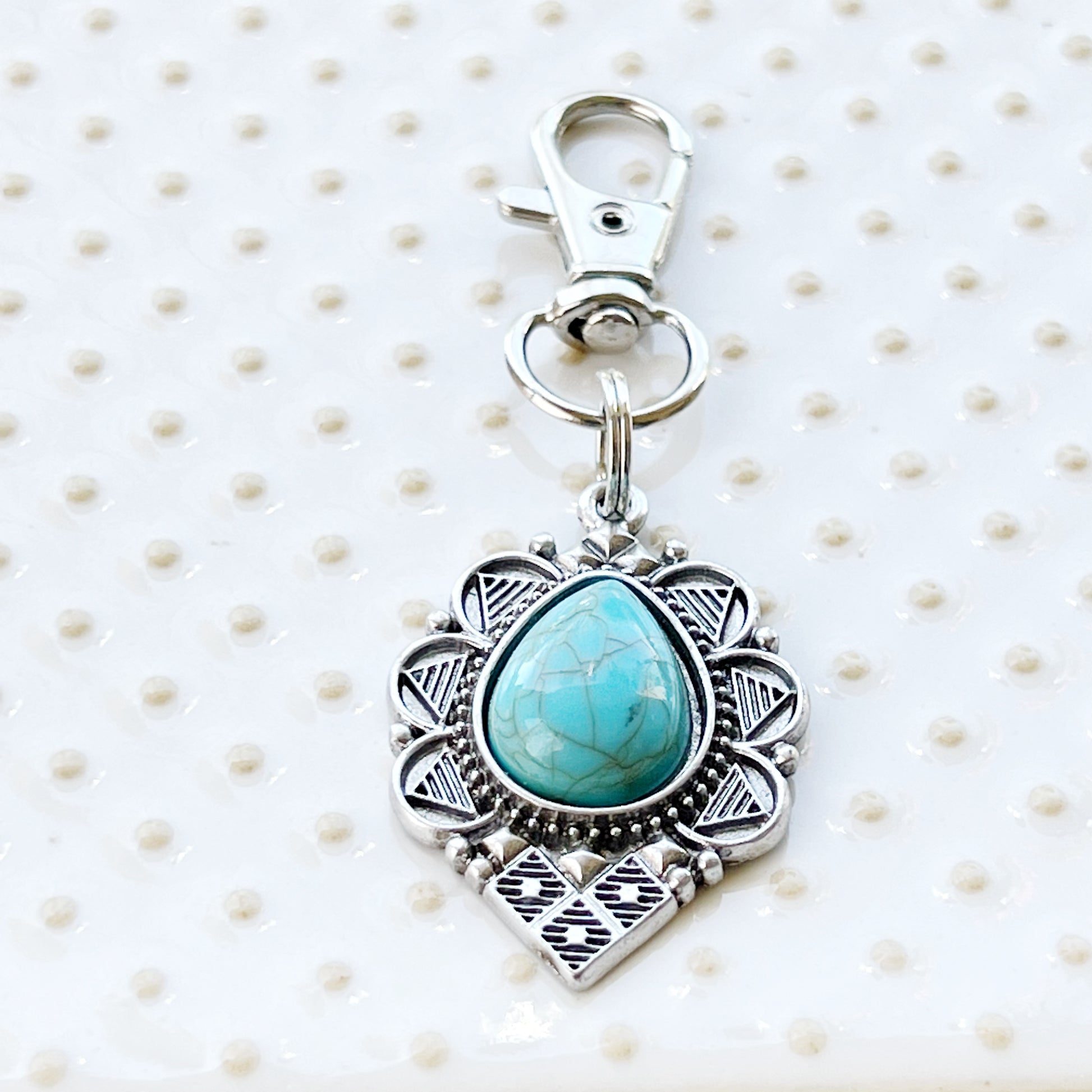 Turquoise Teardrop Purse Charm – Boho Southwest Silver Keychain Accent