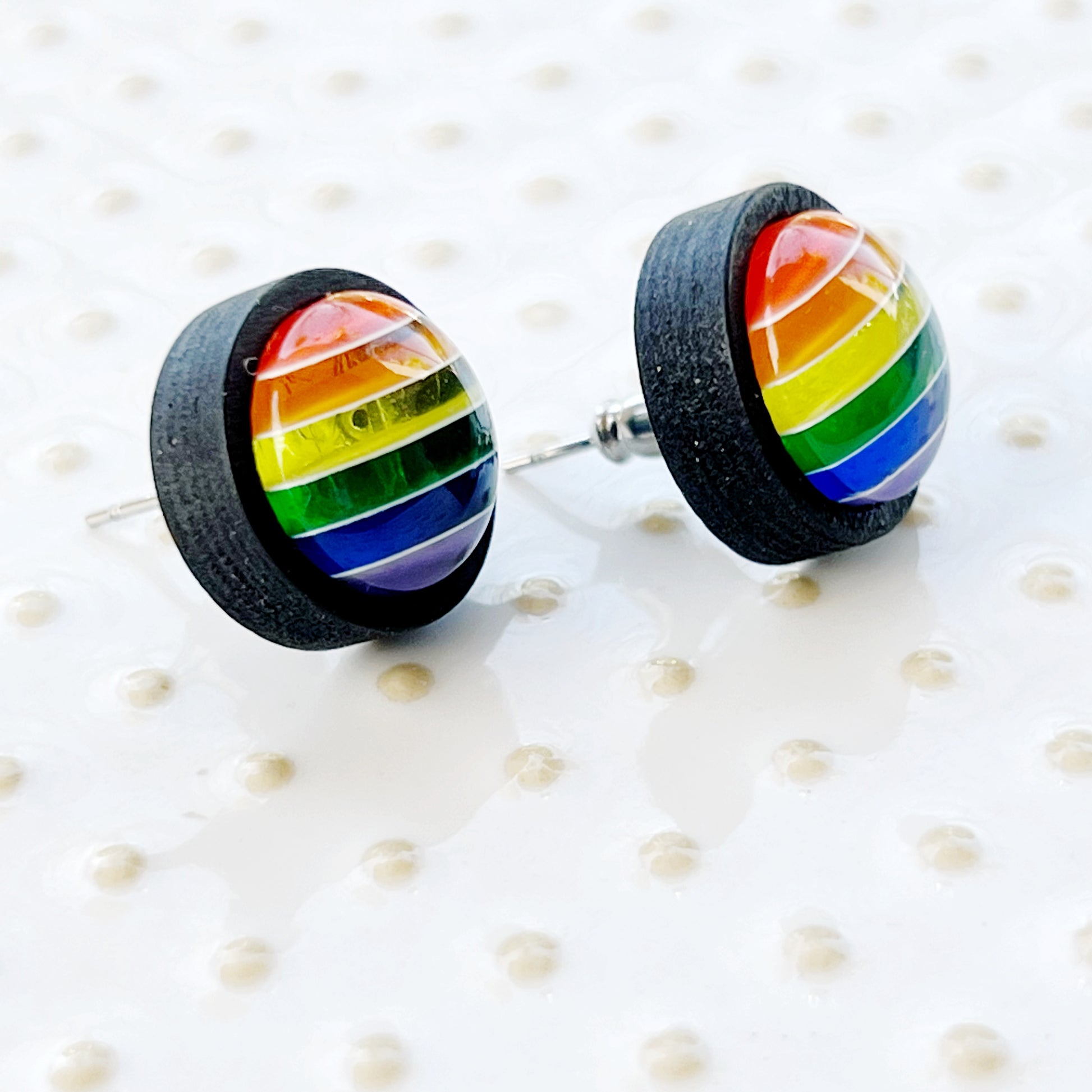 Rainbow Stripe Resin Stud Earrings – Colorful Handmade Jewelry in Black Wood