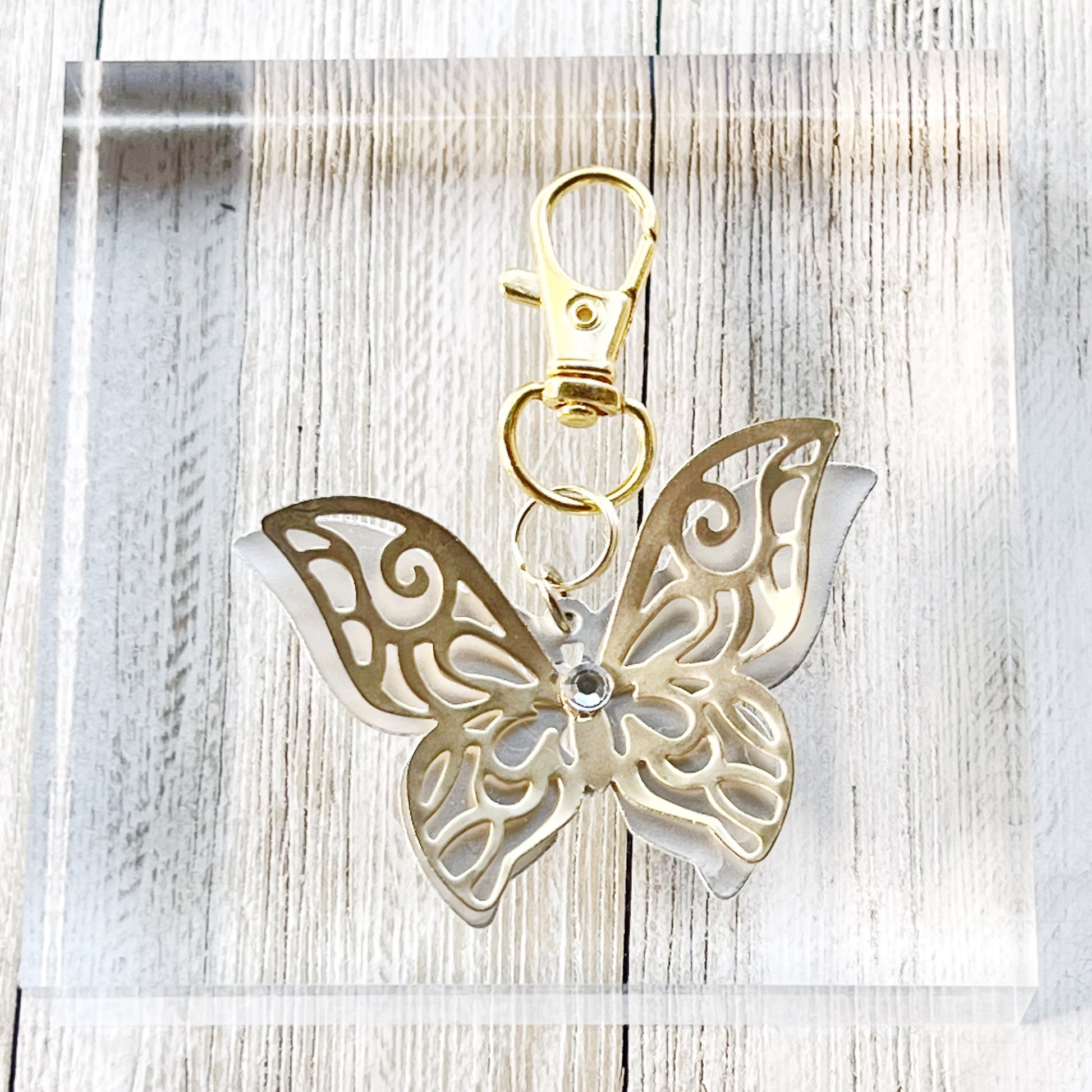 Gold & Silver Butterfly Zipper Pull Keychain Purse Charm with Filigree & Rhinestone Accents - Elegant & Stylish Accessory for Your Bag