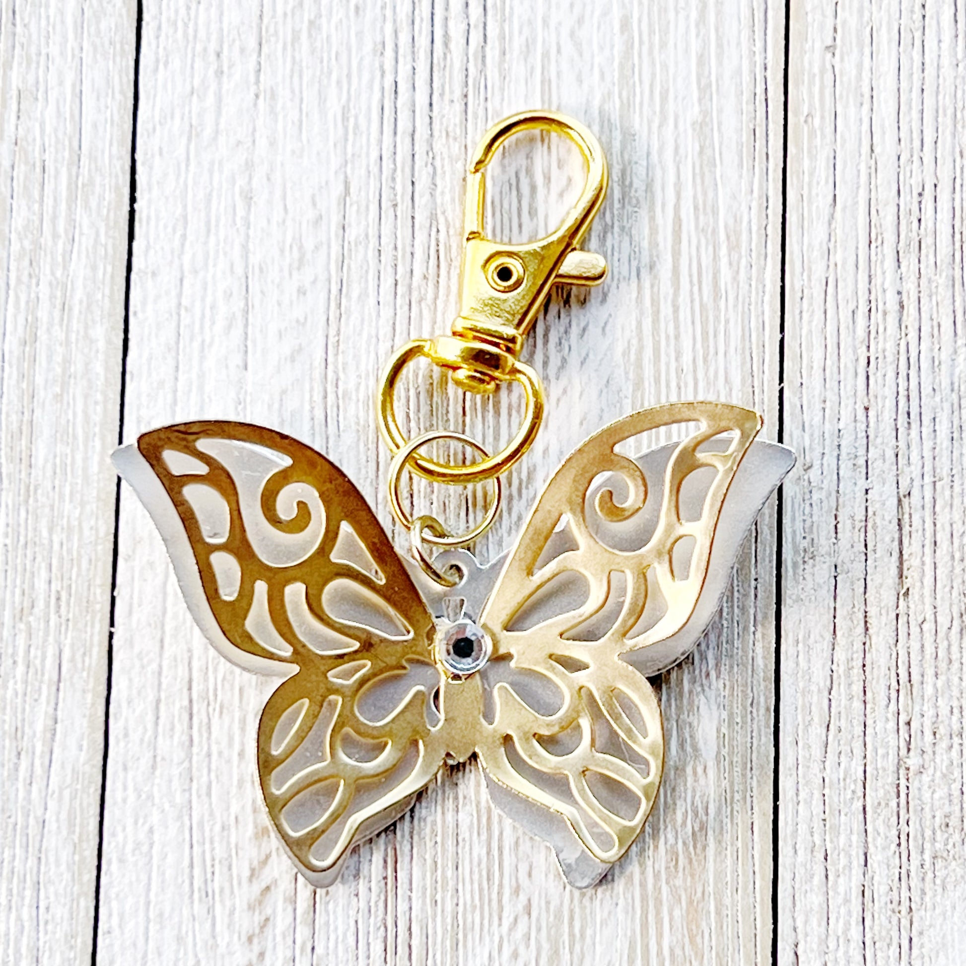 Gold & Silver Butterfly Zipper Pull Keychain Purse Charm with Filigree & Rhinestone Accents - Elegant & Stylish Accessory for Your Bag