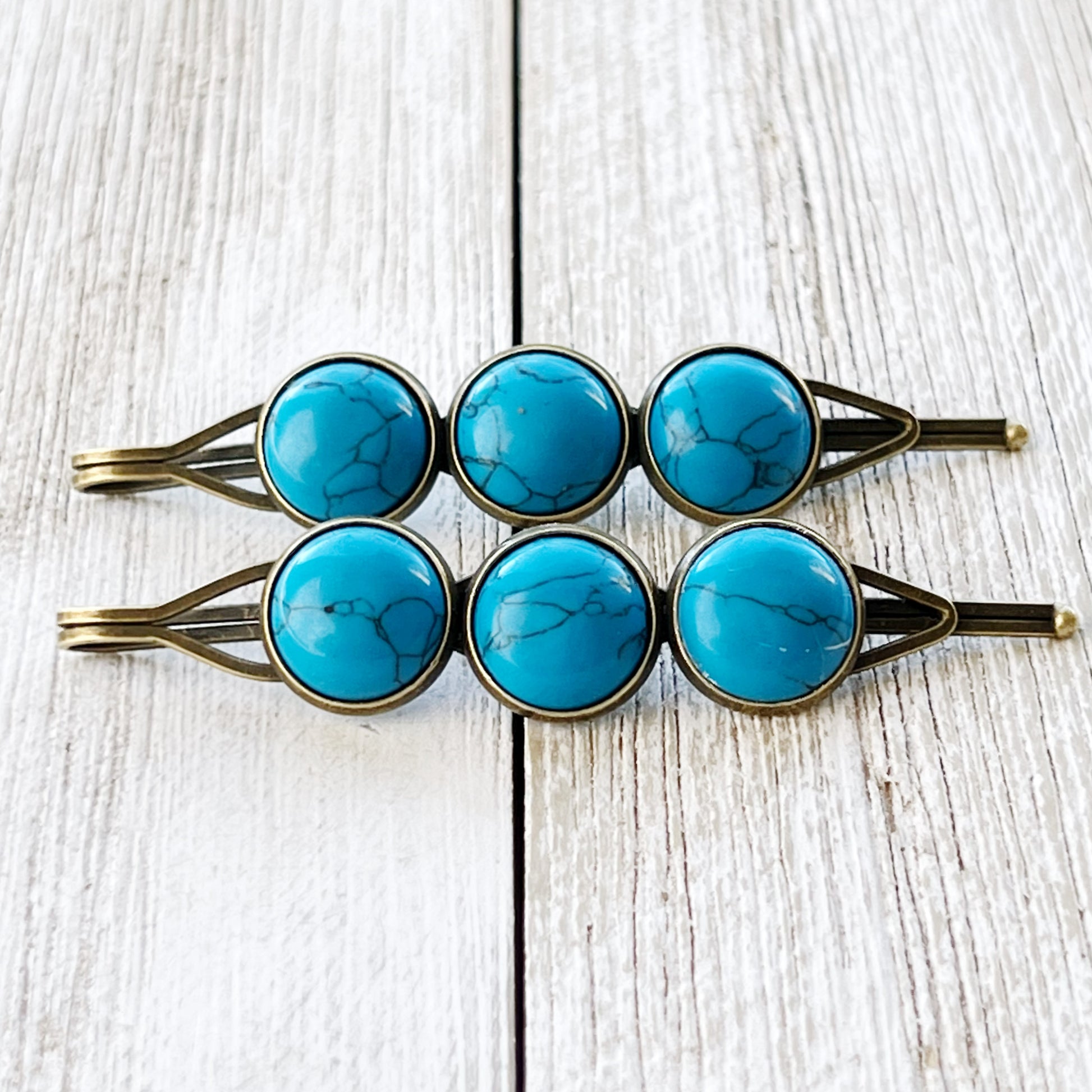 Turquoise Stone Hair Pins – Western Boho Hair Clips with Bronze Setting