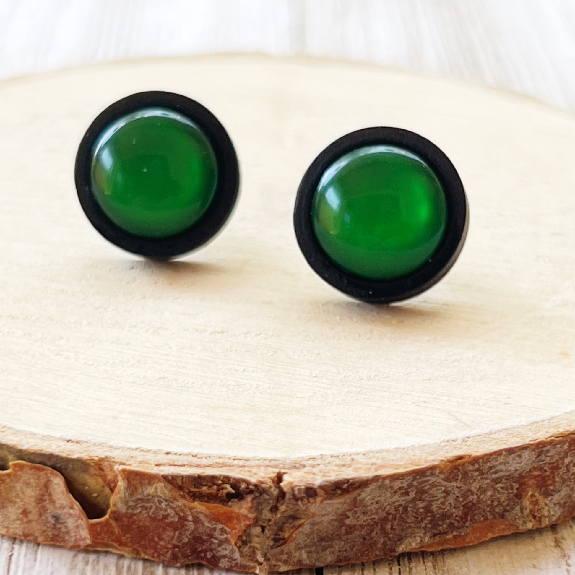 Green Resin Black Wood Unisex Stud Earrings - Stylish & Versatile Accessories