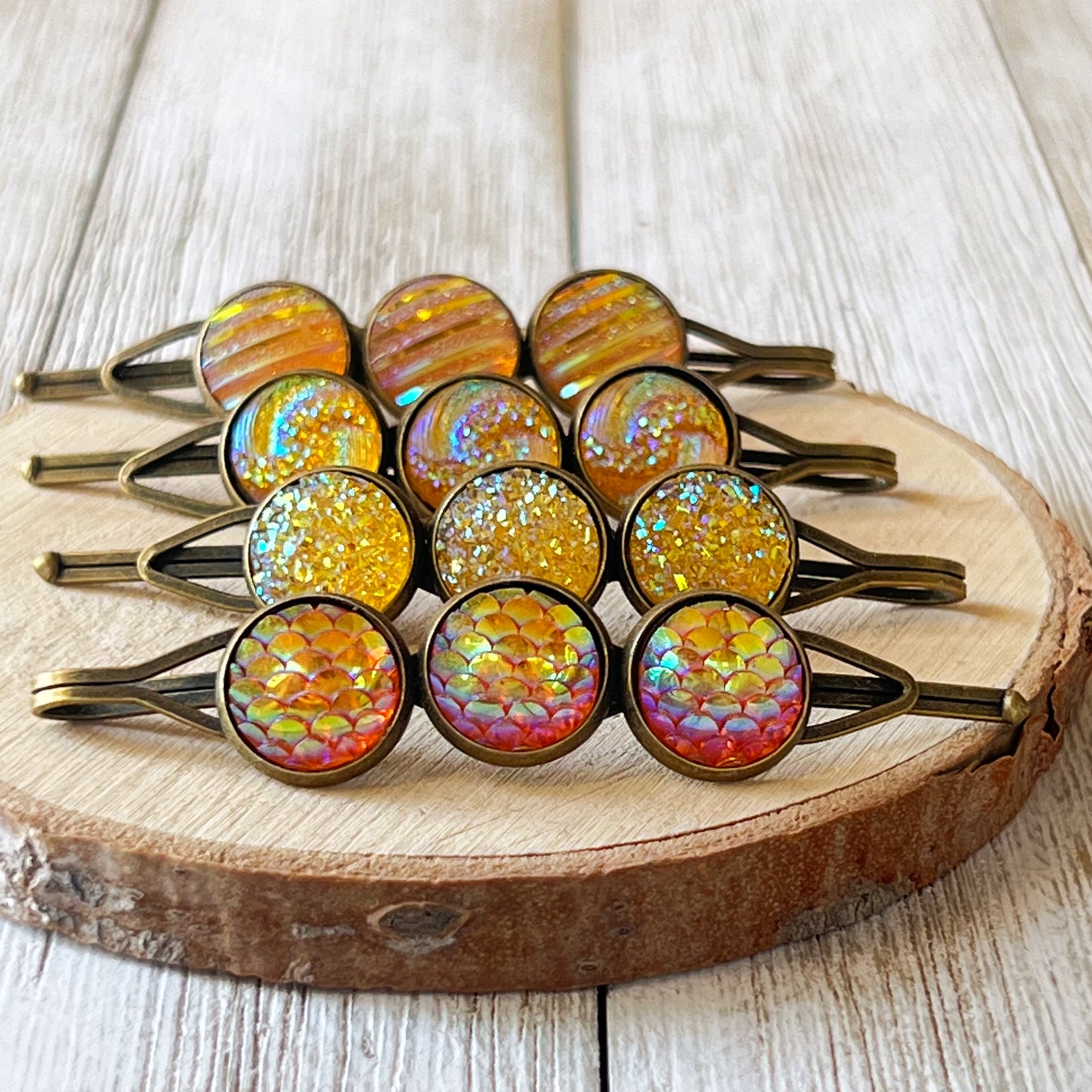 Yellow-Orange Glitter Druzy Hair Pins Set - Set of 4 with Unique Pattern Designs
