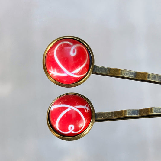 Red and White Heart Hair Pins