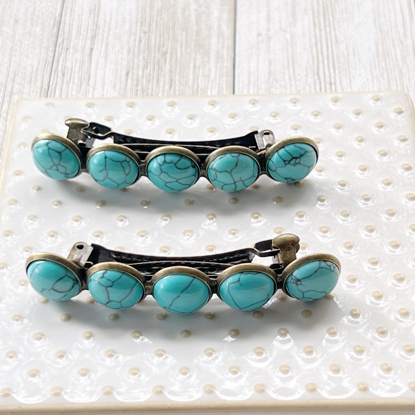 Turquoise Hair Barrettes - Western Cowgirl Hair Pins, Women's Southwestern Boho Hair Accessories, Set of 2