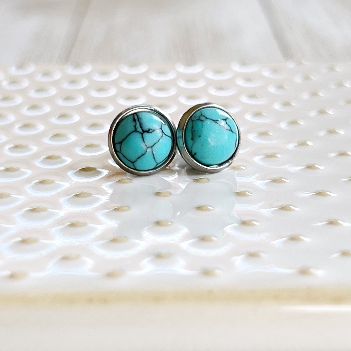 Turquoise Stud Earrings – 8mm Round Boho Western Style Jewelry in Silver